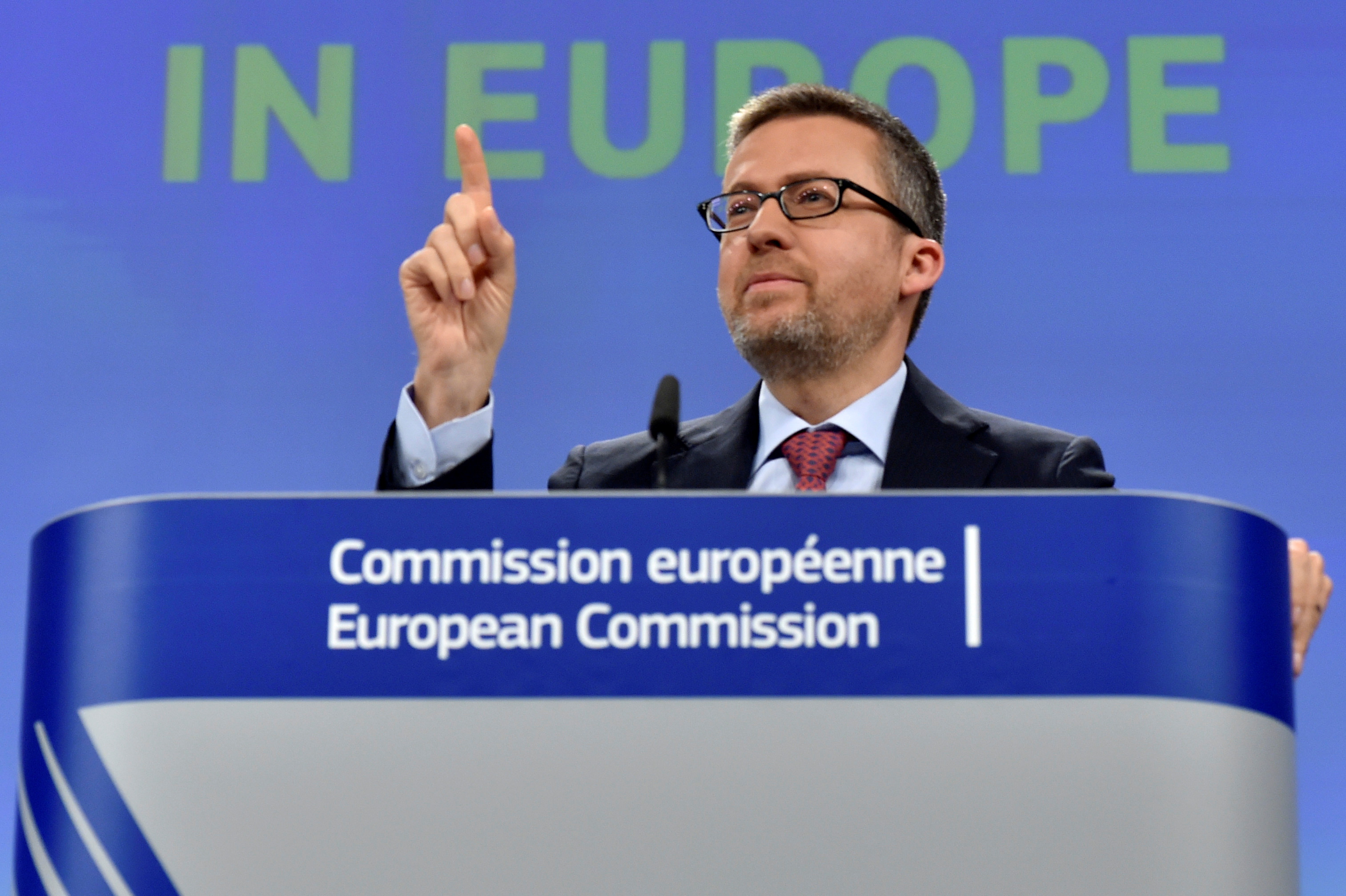 EU Commissioner Moedas gestures during a news conference on the launch of VentureEU in Brussels,