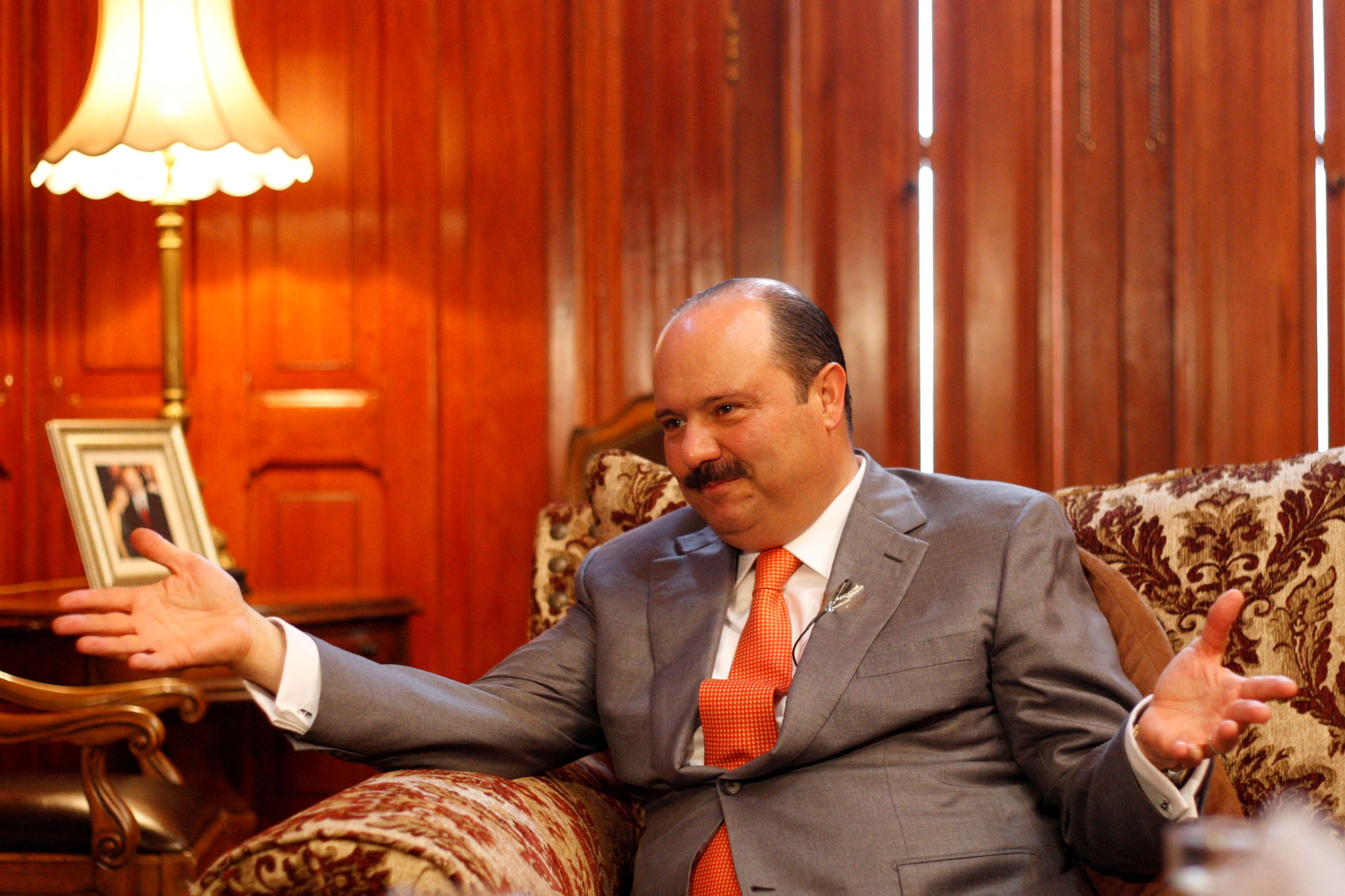 Duarte gestures during an interview at Government palace in Chihuahua