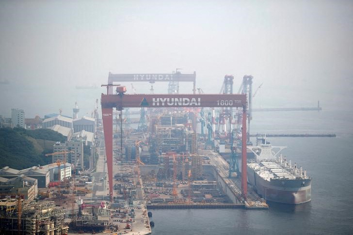 Giant cranes of Hyundai Heavy Industries are seen in Ulsan