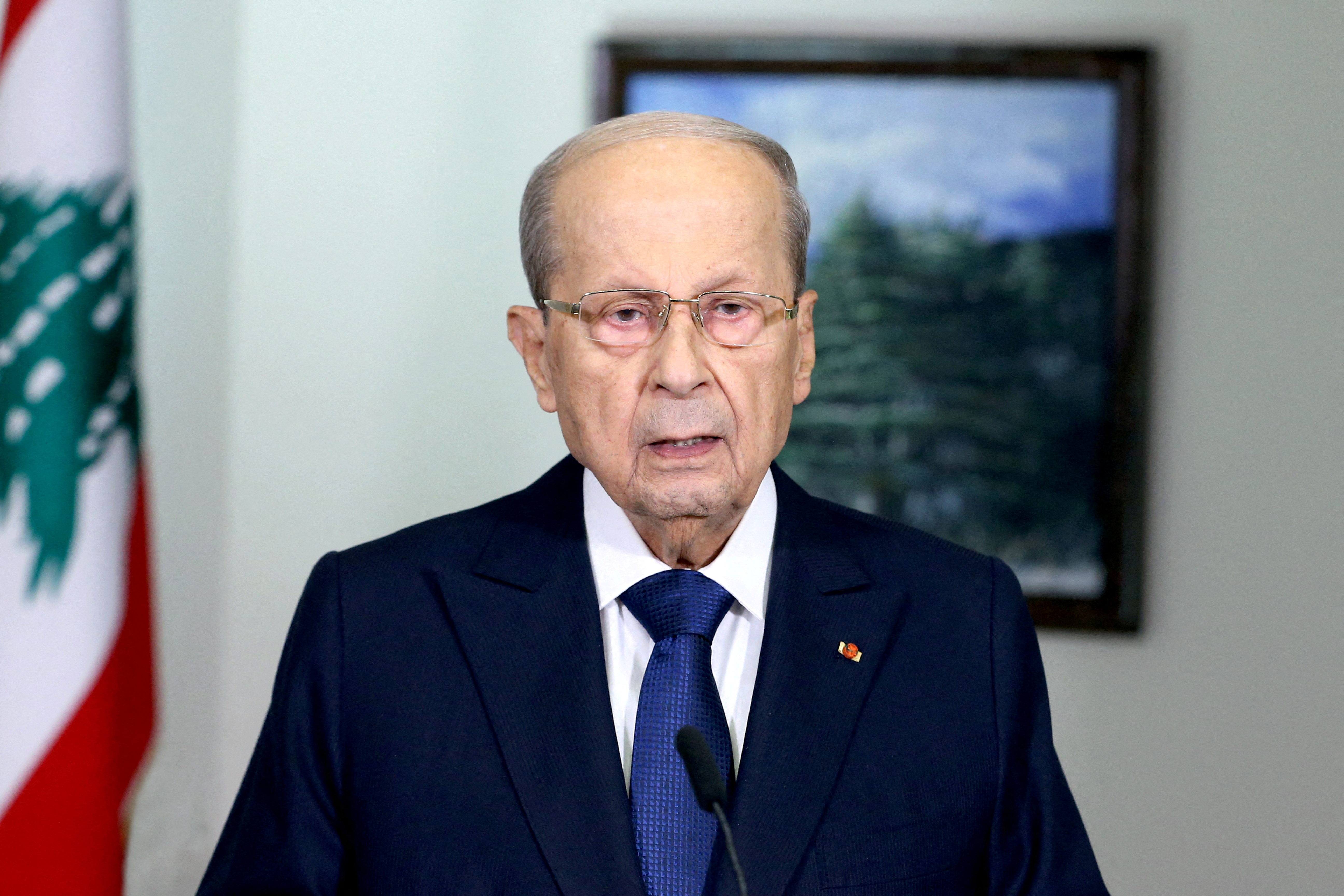 Lebanon's President Michel Aoun addresses the nation from the presidential palace in Baabda