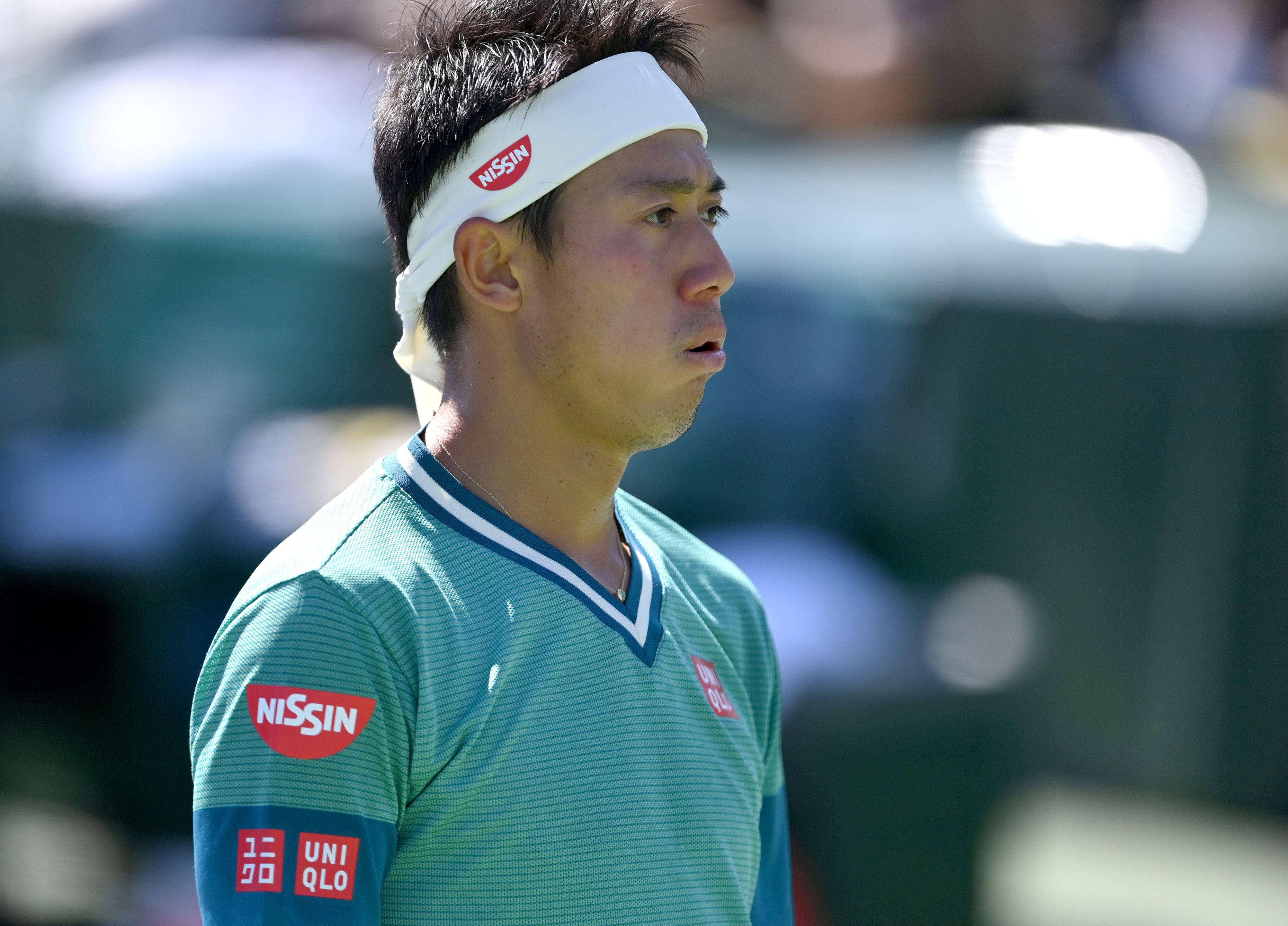 Oct 9, 2021; Indian Wells, CA, USA;  Kei Nishikori (JPN) looks on during his second round match against Daniel Evans (GER) during the BNP Paribas Open at the Indian Wells Tennis Garden. Mandatory Credit: Jayne Kamin-Oncea-USA TODAY Sports