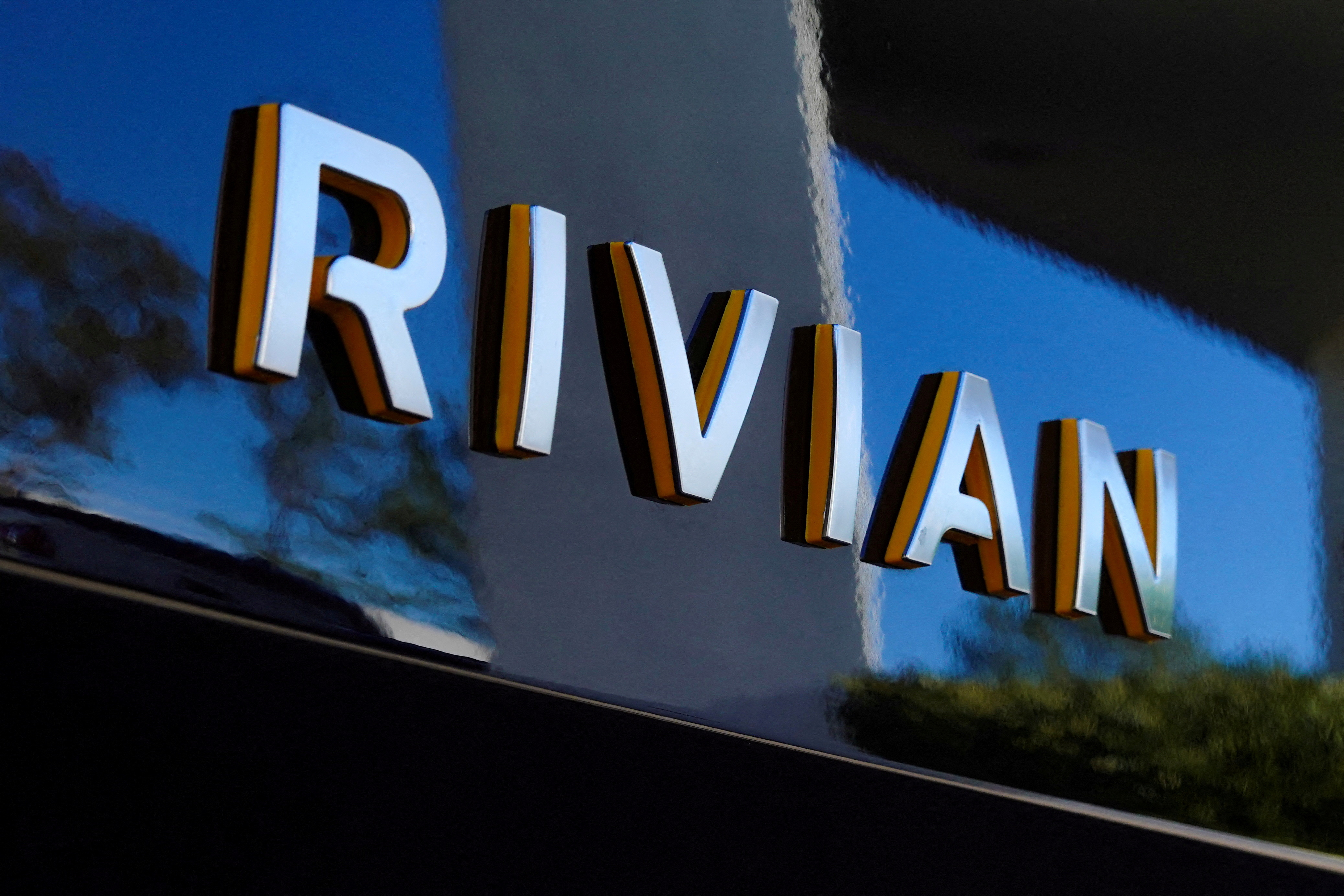 The Rivian name is shown on one of their new electic SUV vehicles in California