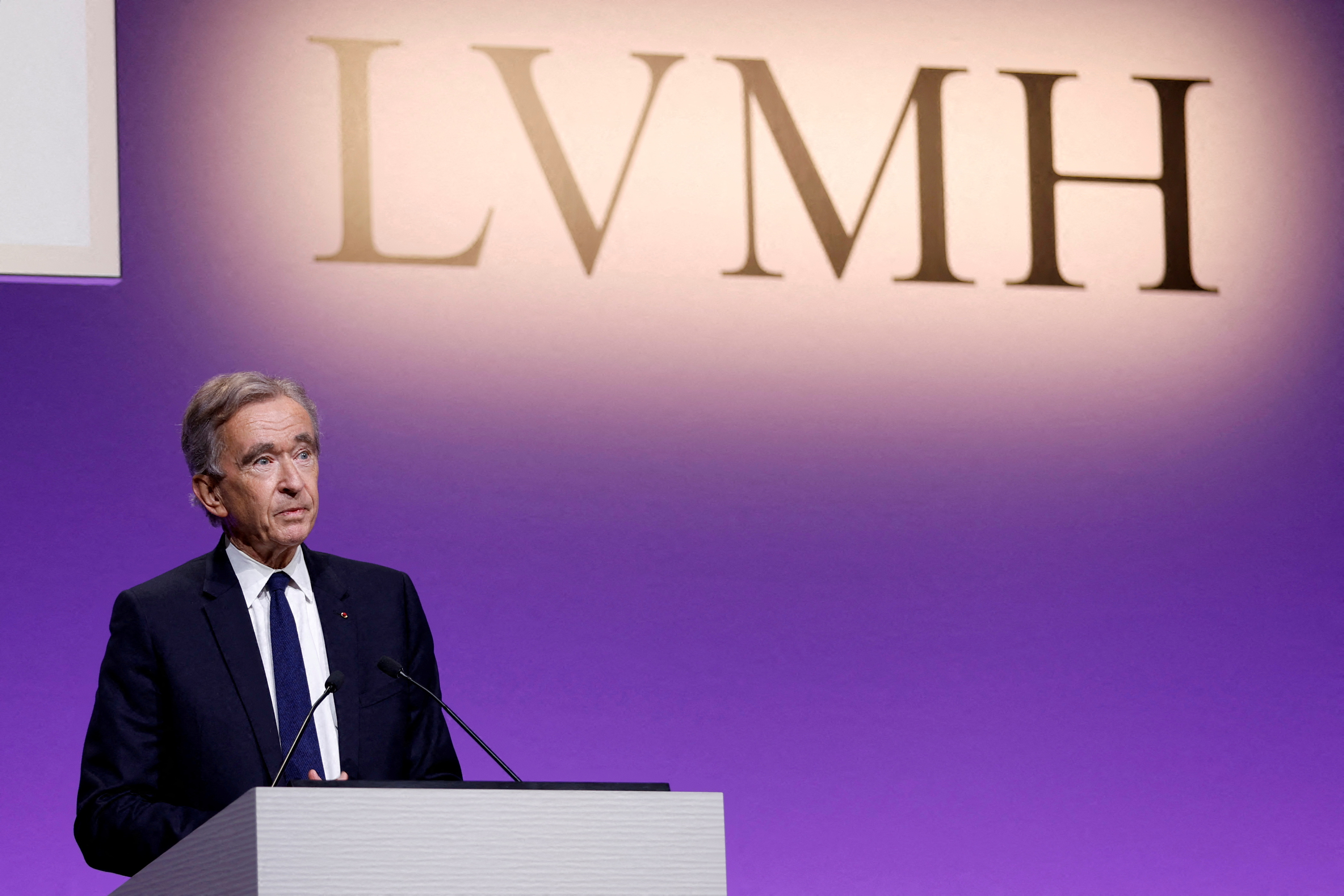 Bernard Arnault, Chairman and CEO of LVMH Moet Hennessy Louis Vuitton, speaks during a news conference