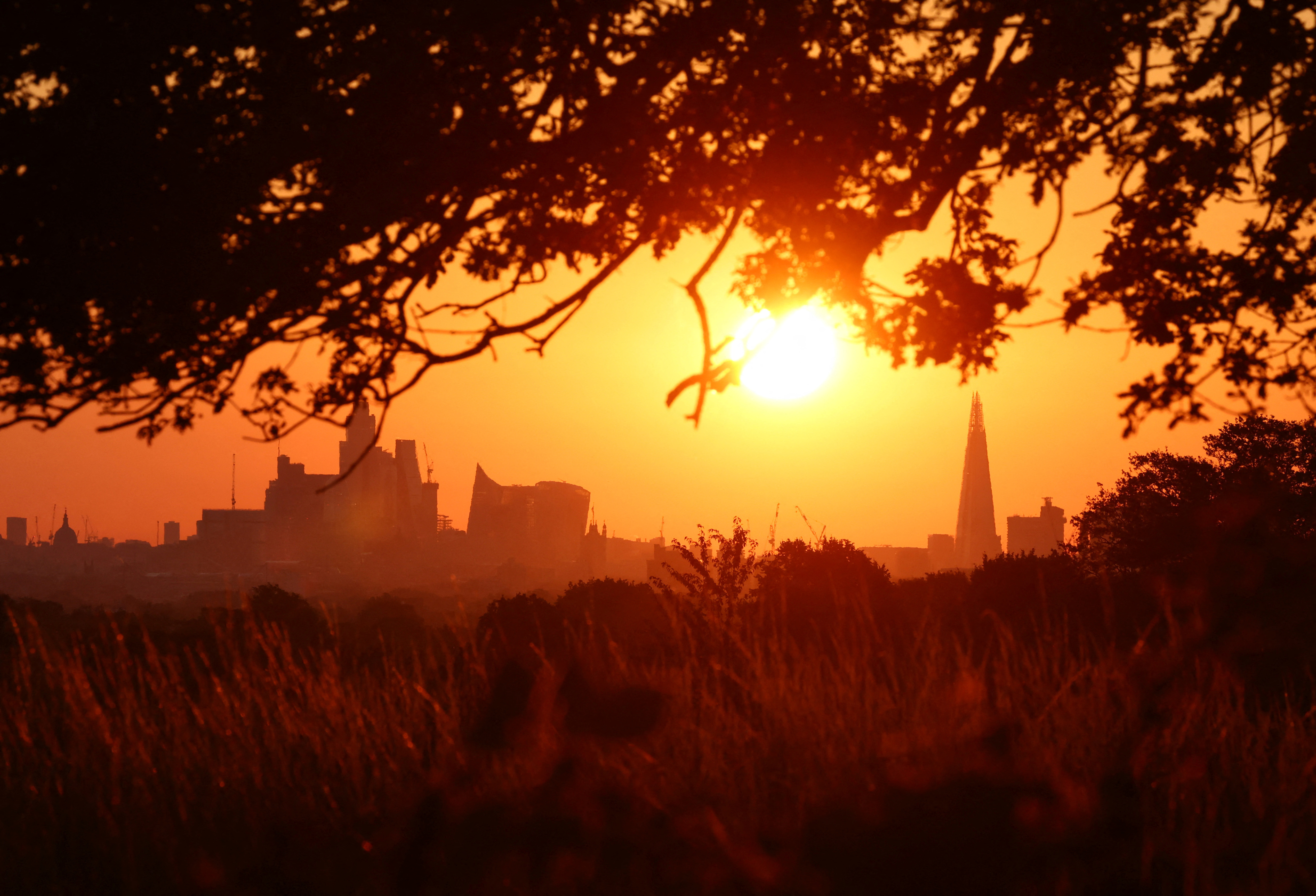 The London skyline is seen shortly after sunrise from Richmond Park in London