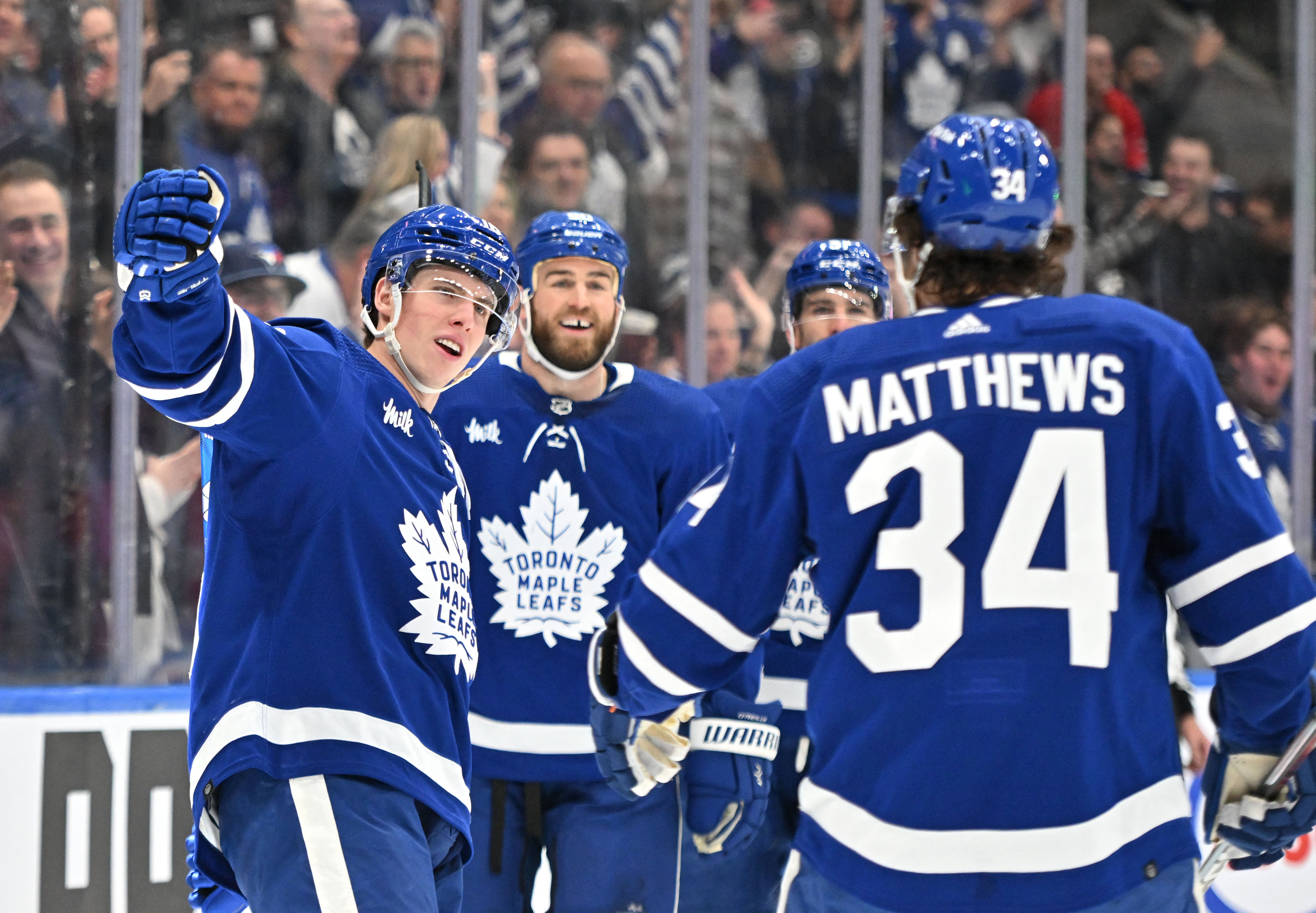 Toronto Maple Leafs' John Tavares (91) celebrates his goal against the  Montreal Canadiens with Erik Gustafsson (56), Auston Matthews (34) and  Mitchell Marner (16) during the first period of an NHL hockey