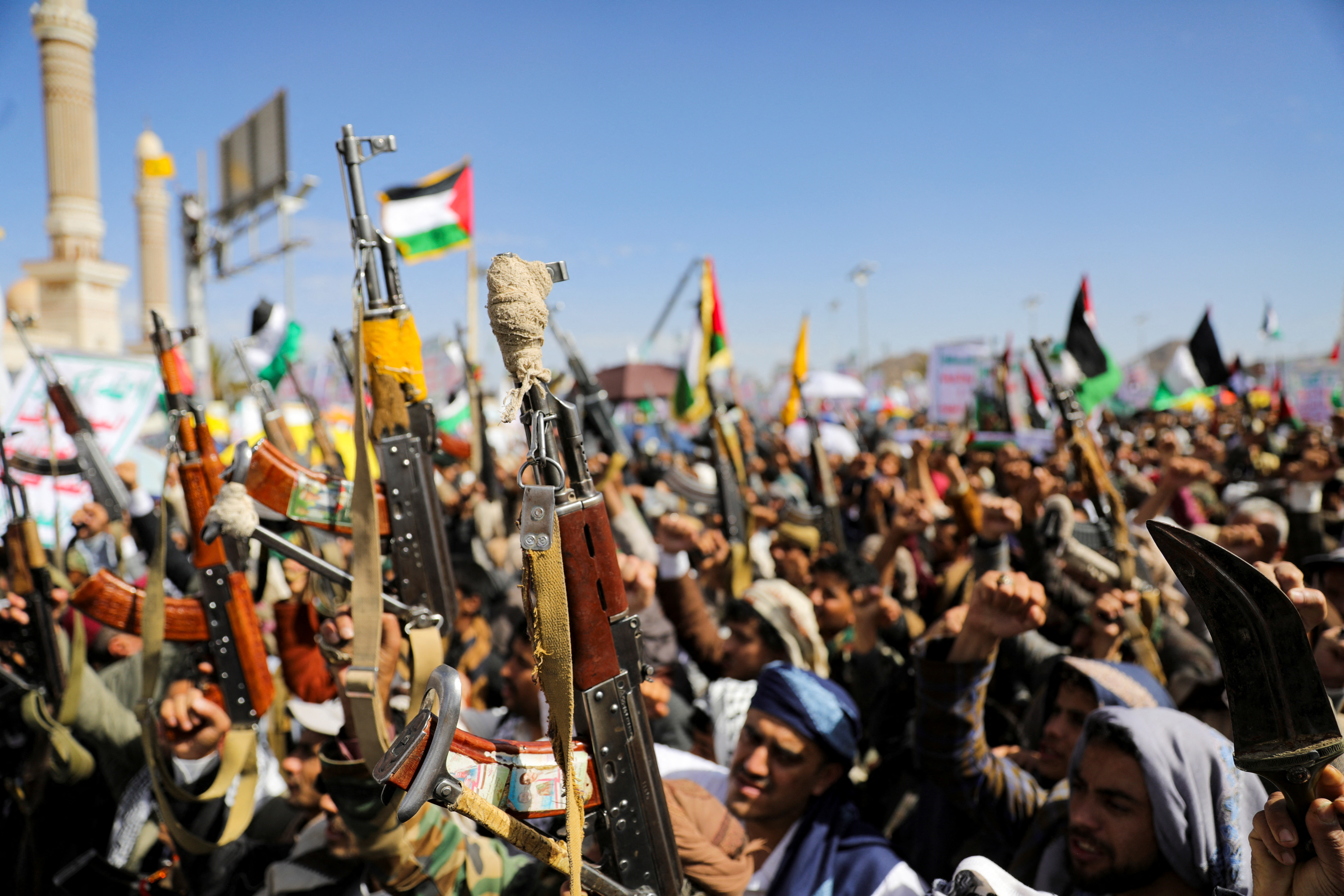 Protestors rally in support of Palestinians in the Gaza Strip, in Sanaa