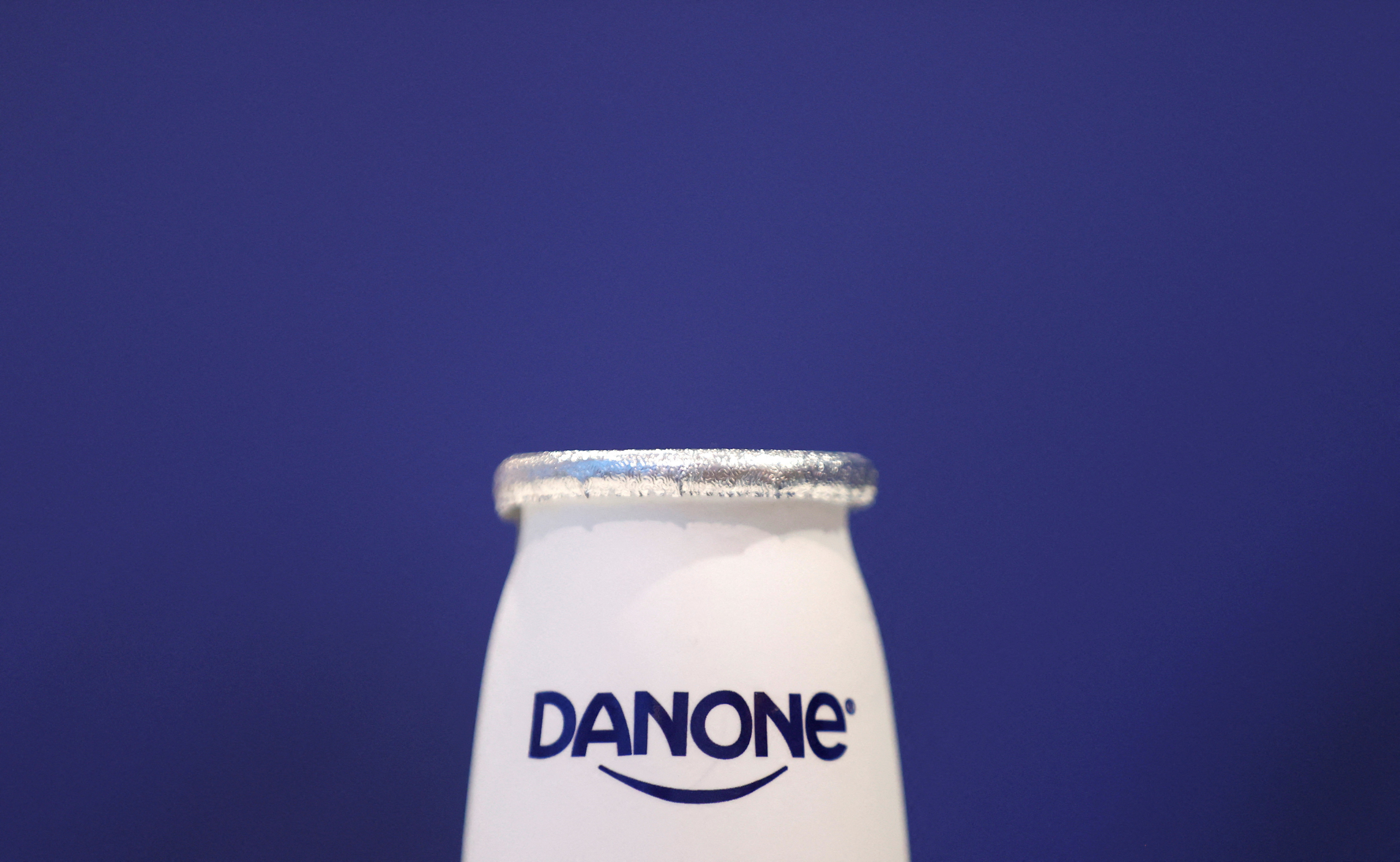 A Danone logo is seen on a product displayed in Paris