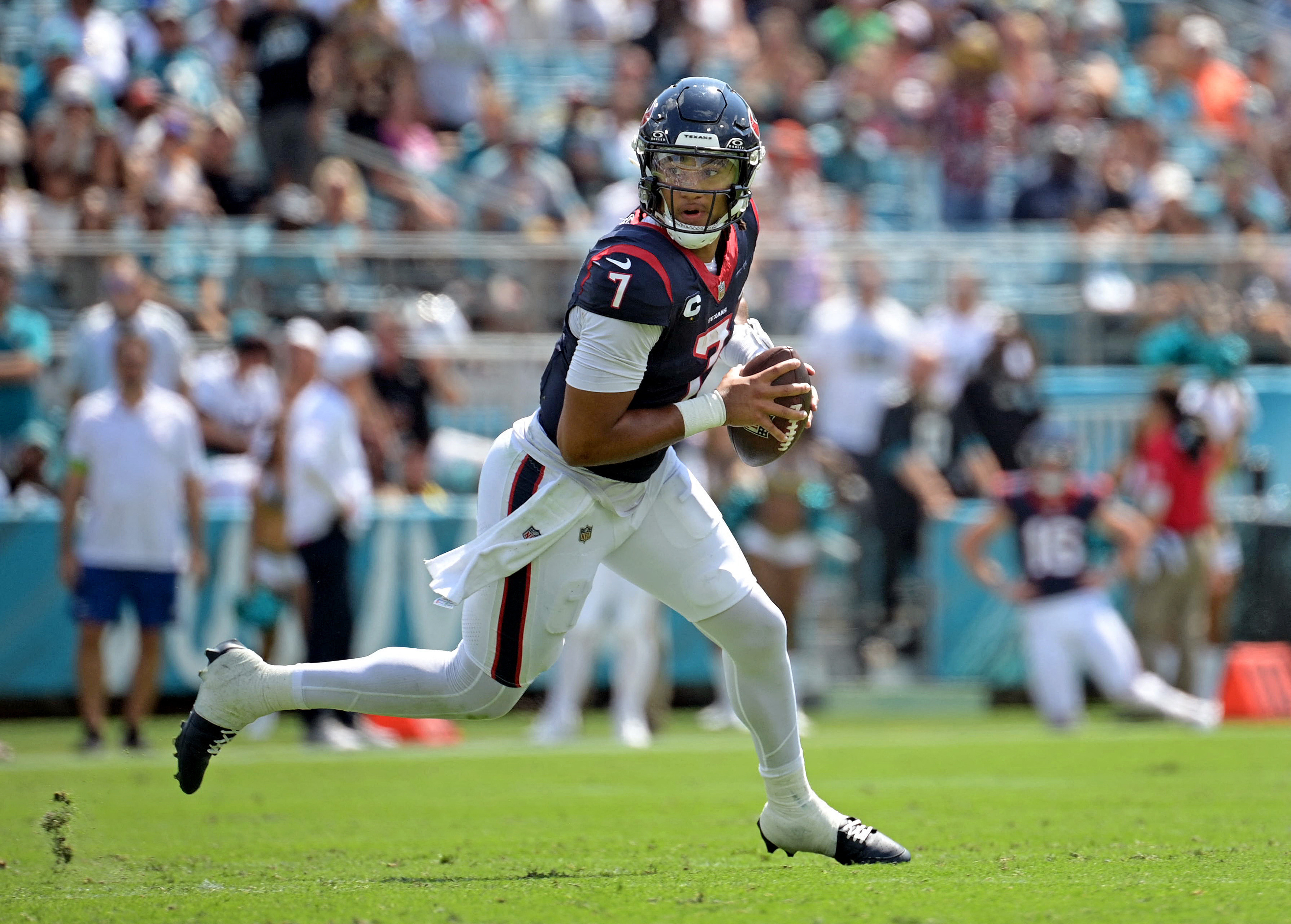 Houston, Texas, USA. September 12, 2021: A Houston Texans fan during the  first half of an NFL game between the Houston Texans and the Jacksonville  Jaguars on September 12, 2021 in Houston