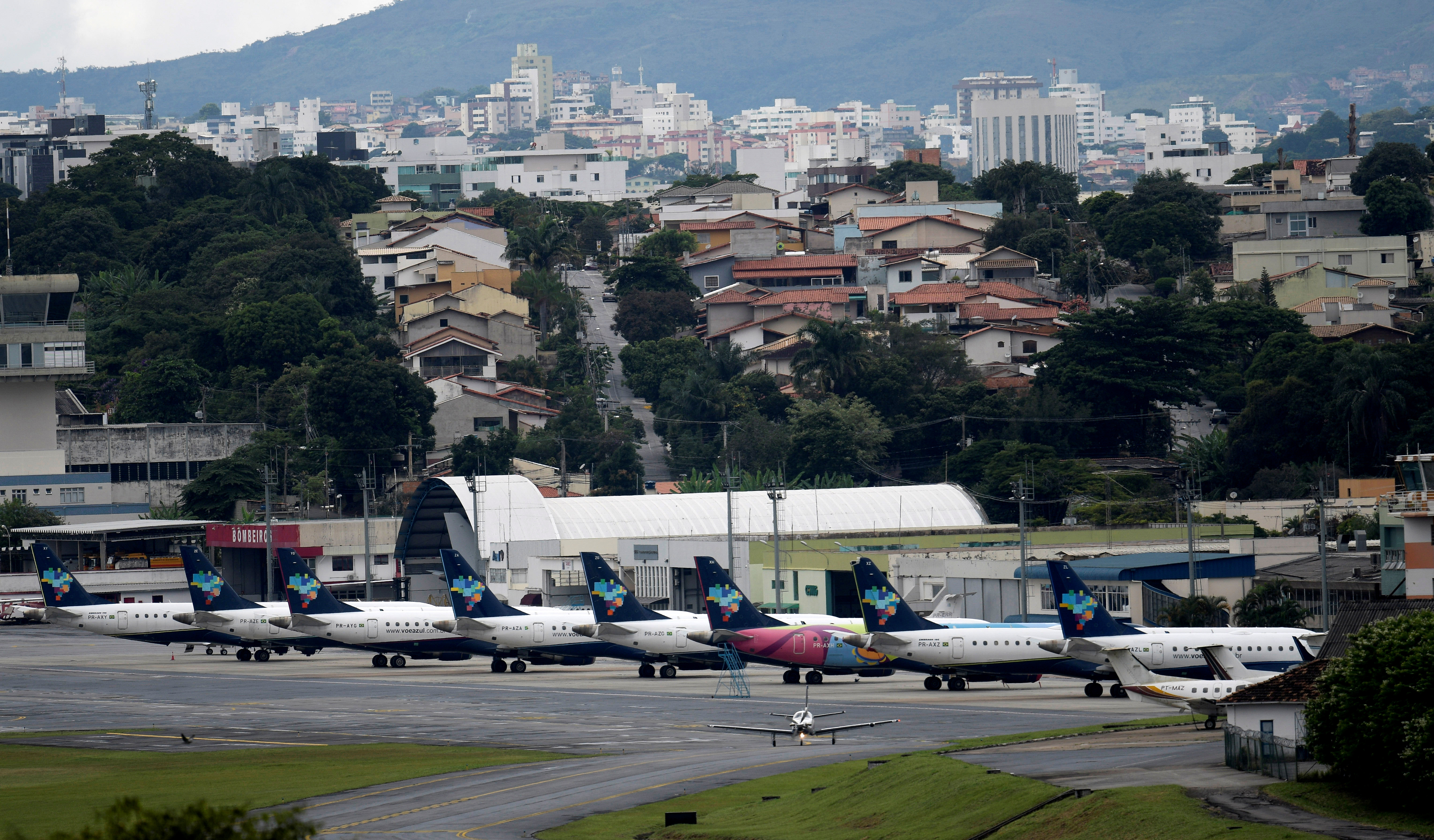 Airplanes of Brazilian airline Azul are seen at the Pampulha airport after the company suspended several flights, amid a coronavirus disease (COVID-19) outbreak, in Belo Horizonte