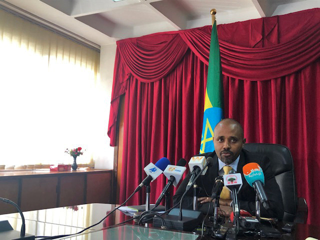 FILE PHOTO - Ethiopia's State Minister of Finance Eyob Tekalign Tolina speaks during news conference in Addis Ababa
