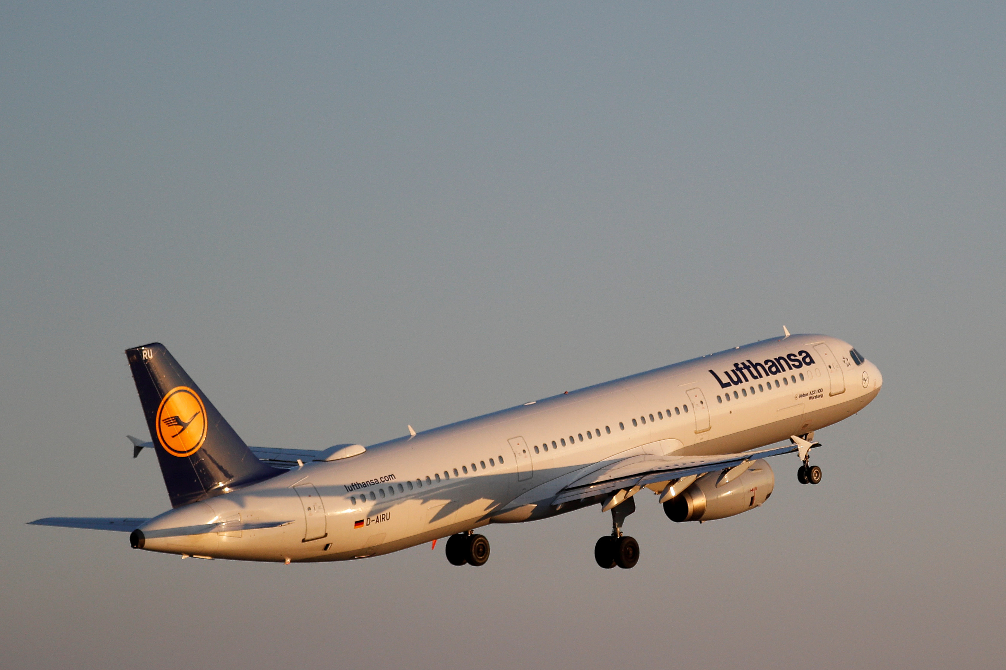 A Lufthansa AIrbus A321 airplane takes off from the airport in Palma de Mallorca