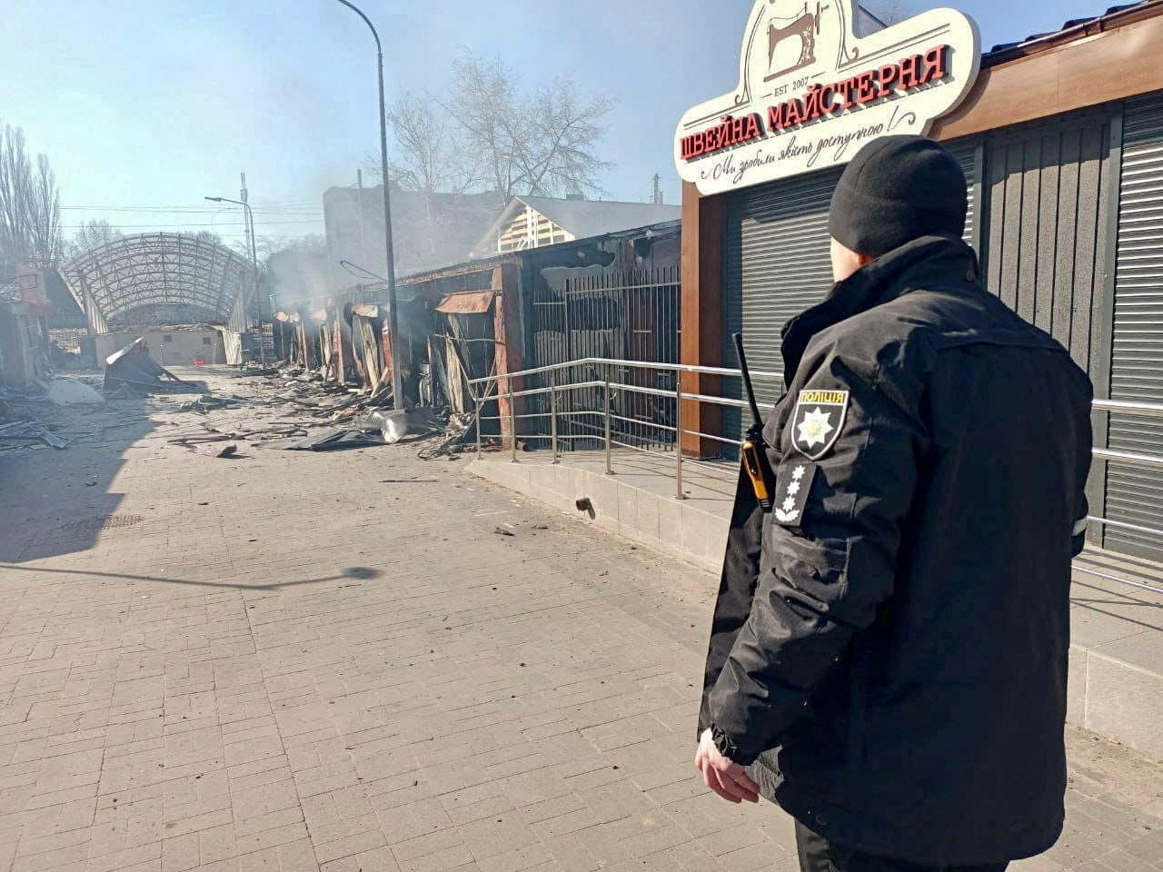 A view shows market buildings damaged by shelling in Chernihiv