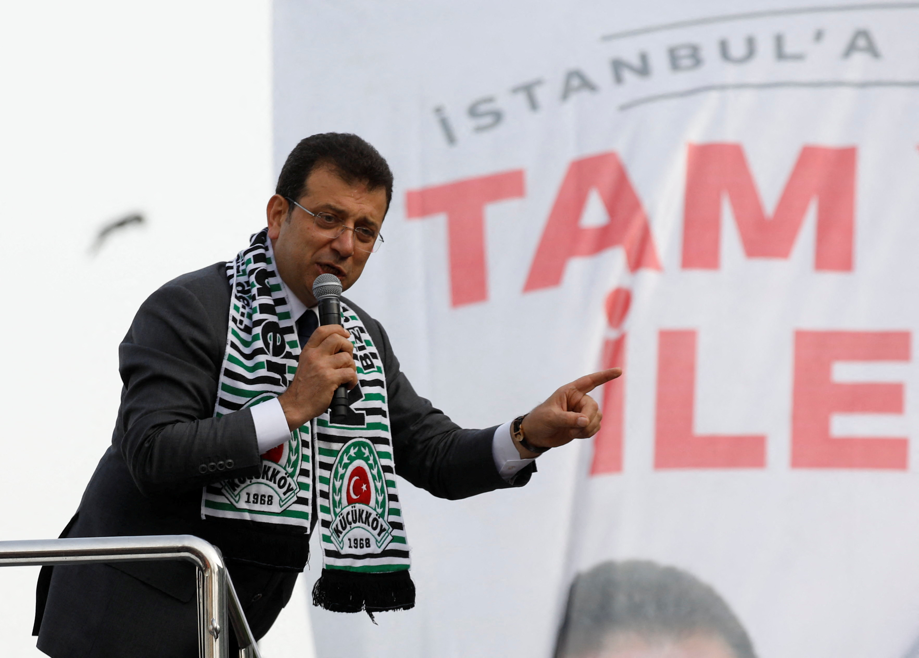 Istanbul's Mayor Imamoglu speaks during an election rally in Istanbul