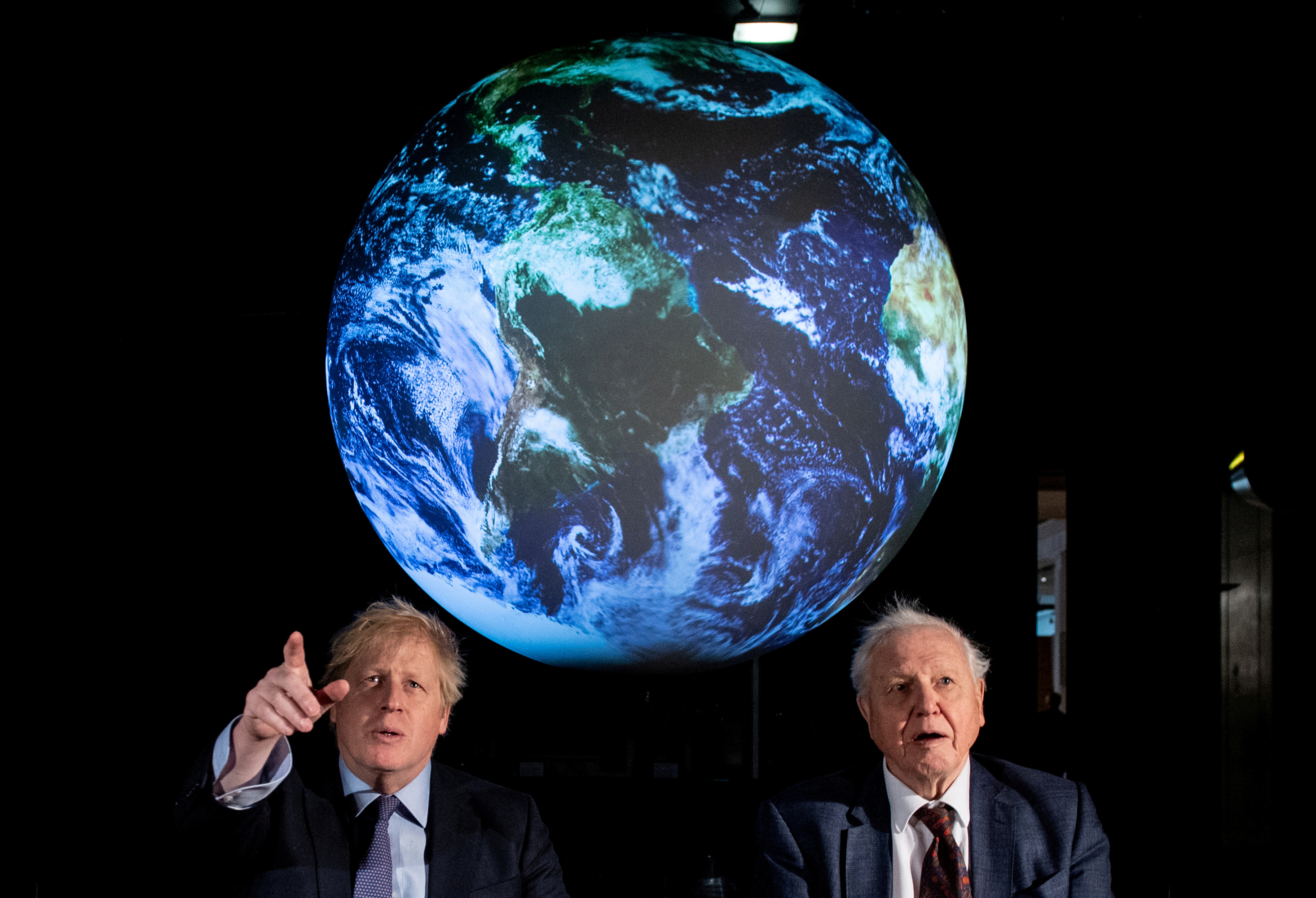 British Prime Minister Boris Johnson and David Attenborough attend a conference about COP26 UN Climate Summit, in London