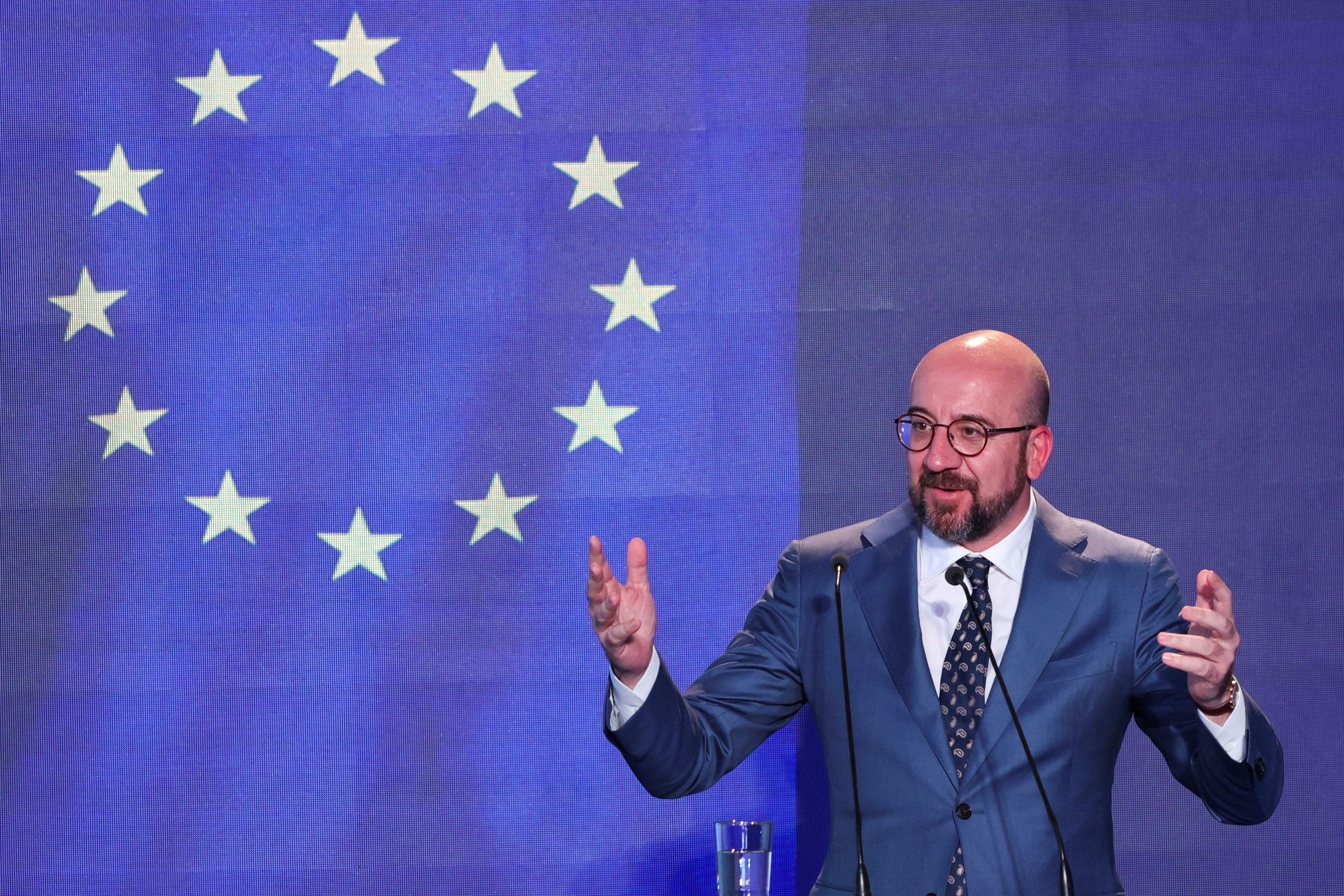 European Council President Charles Michel speaks during an event in Alexandroupolis