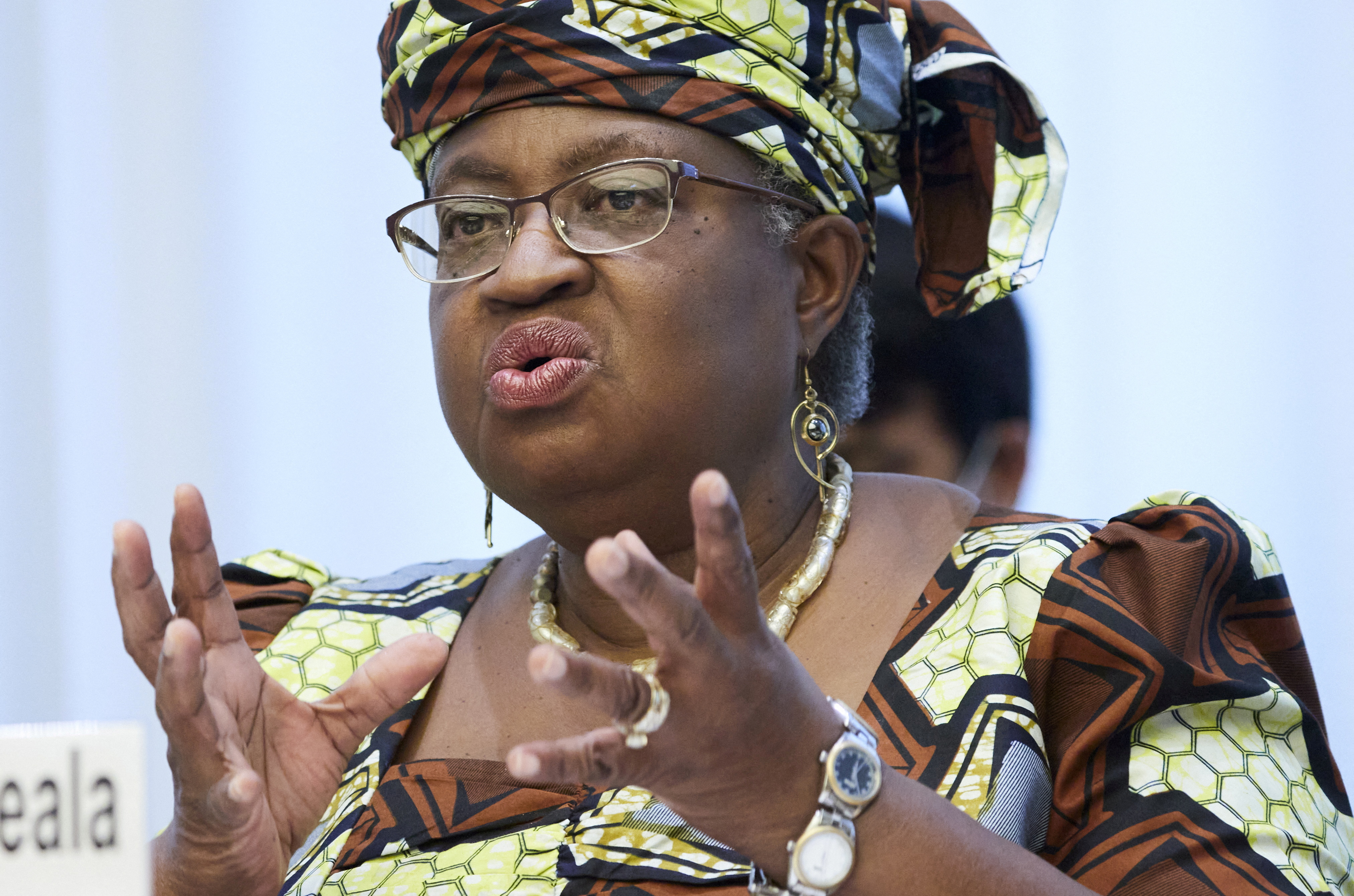WTO director-general Ngozi Okonjo-Iweala attends a news conference in Geneva