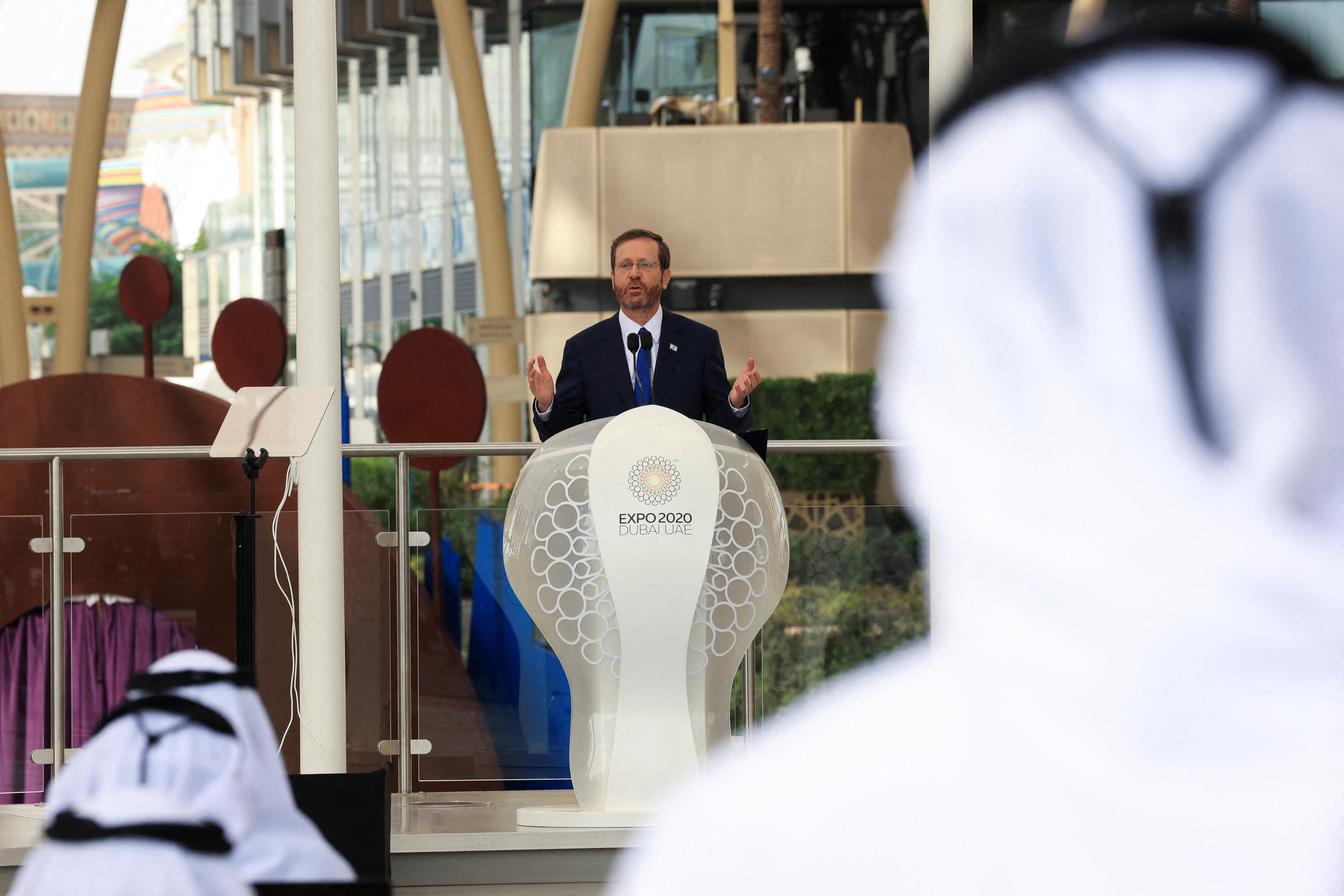 Israeli President Isaac Herzog speaks during Israel's National Day ceremony at Expo 2020 Dubai, in Dubai