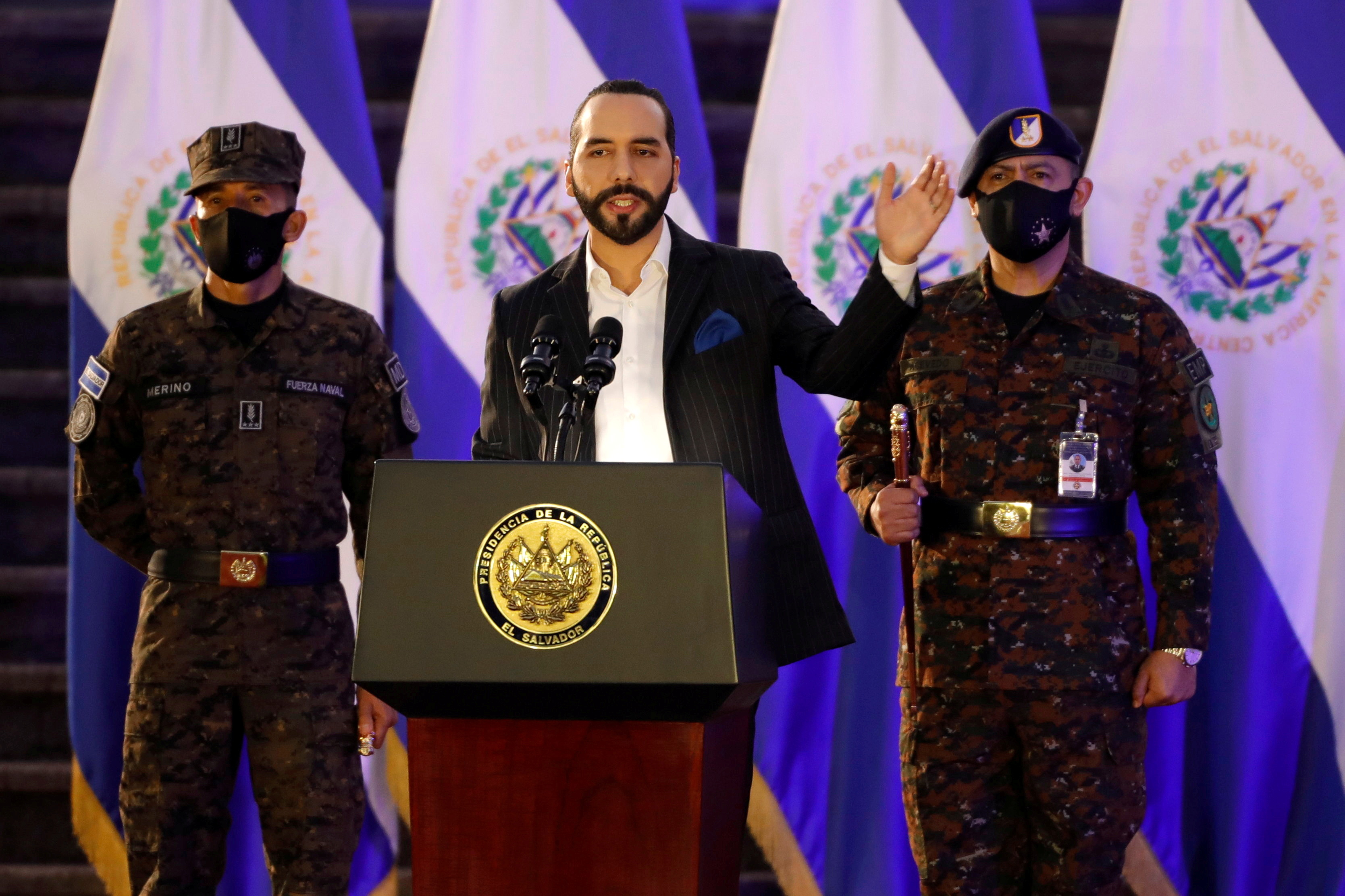 El Salvador's Bukele takes part in a deployment ceremony of Salvadoran army soldiers for the Territorial Control plan in San Salvador, El Salvador