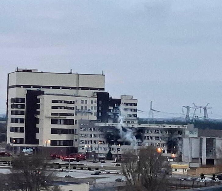 A view shows a damaged administrative building of the Zaporizhzhia nuclear power plant in Enerhodar