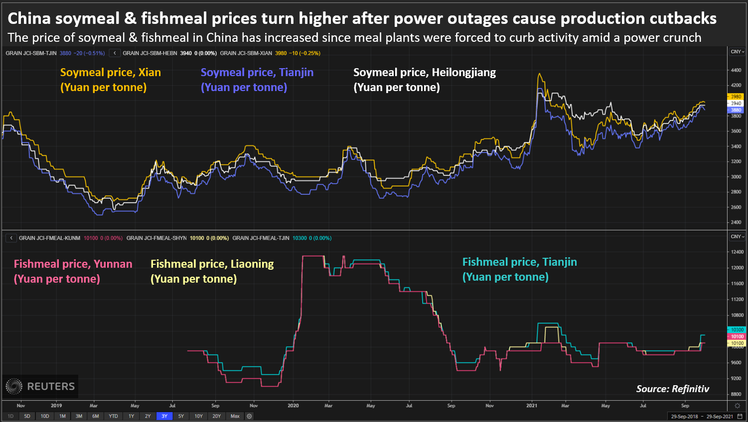 China soymeal & fishmeal prices turn higher after power outages cause production cutbacks