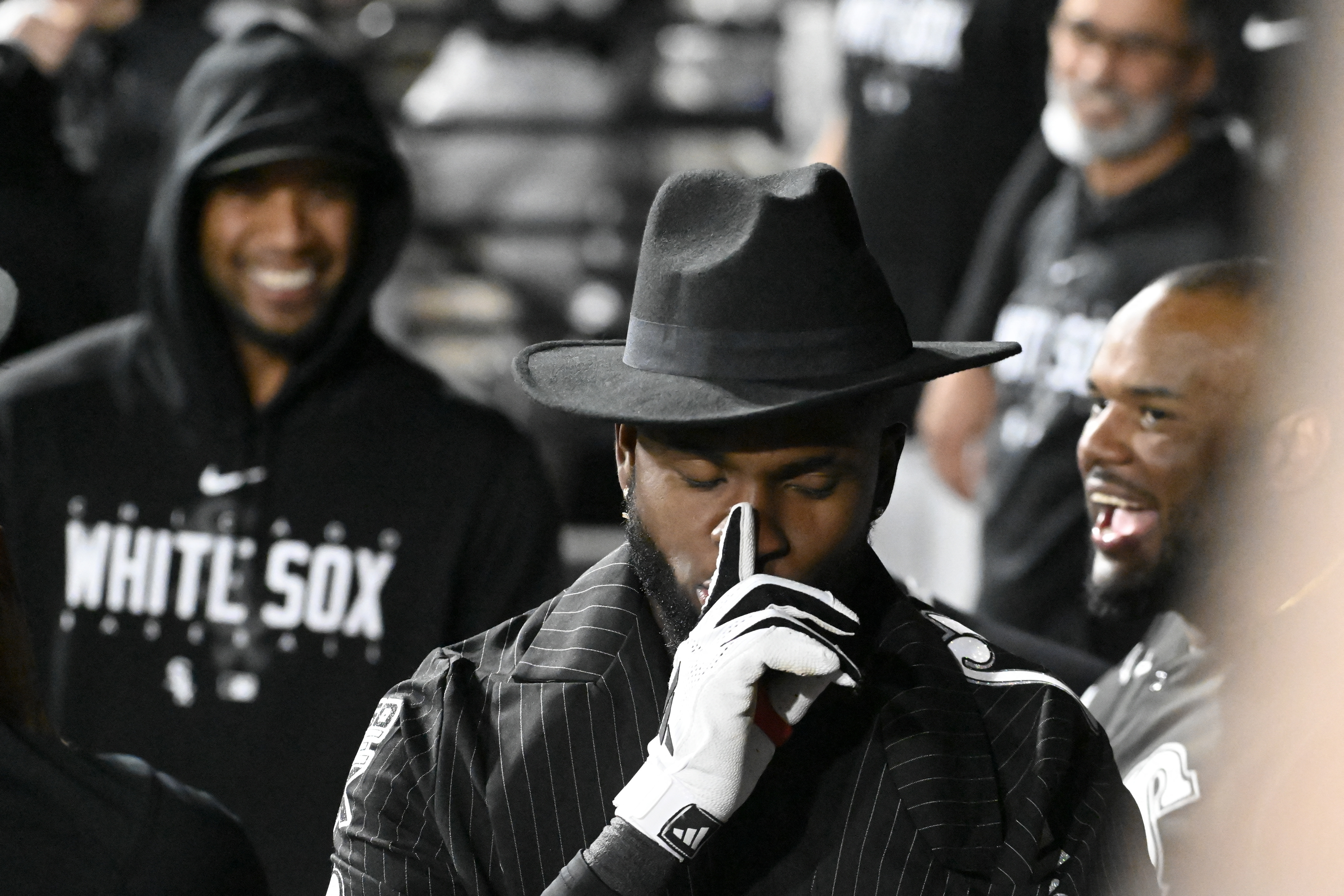 Jake Burger of the Chicago White Sox wears the home run jacket as