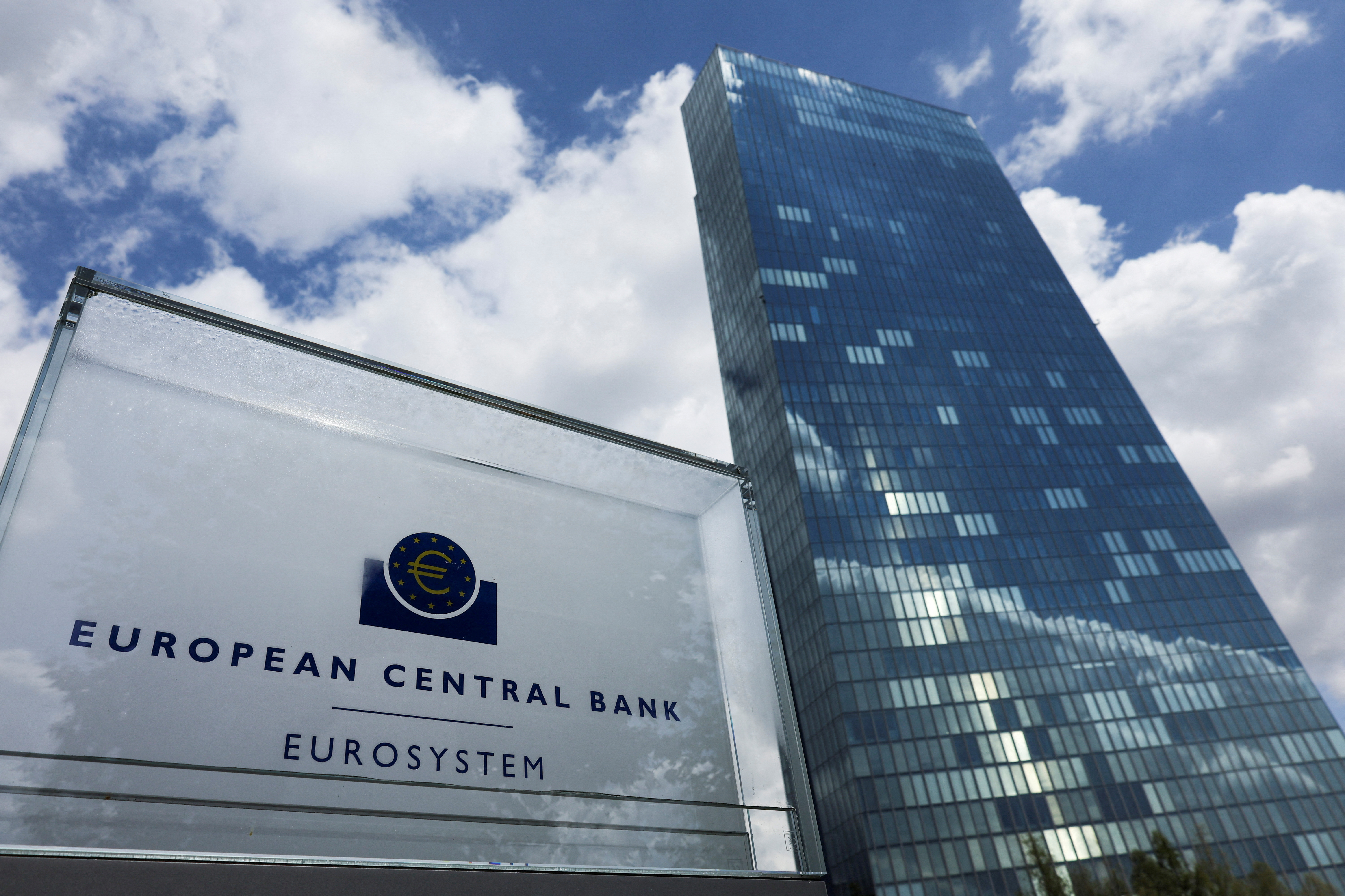 Signage seen outside European Central Bank building in Frankfurt, Germany