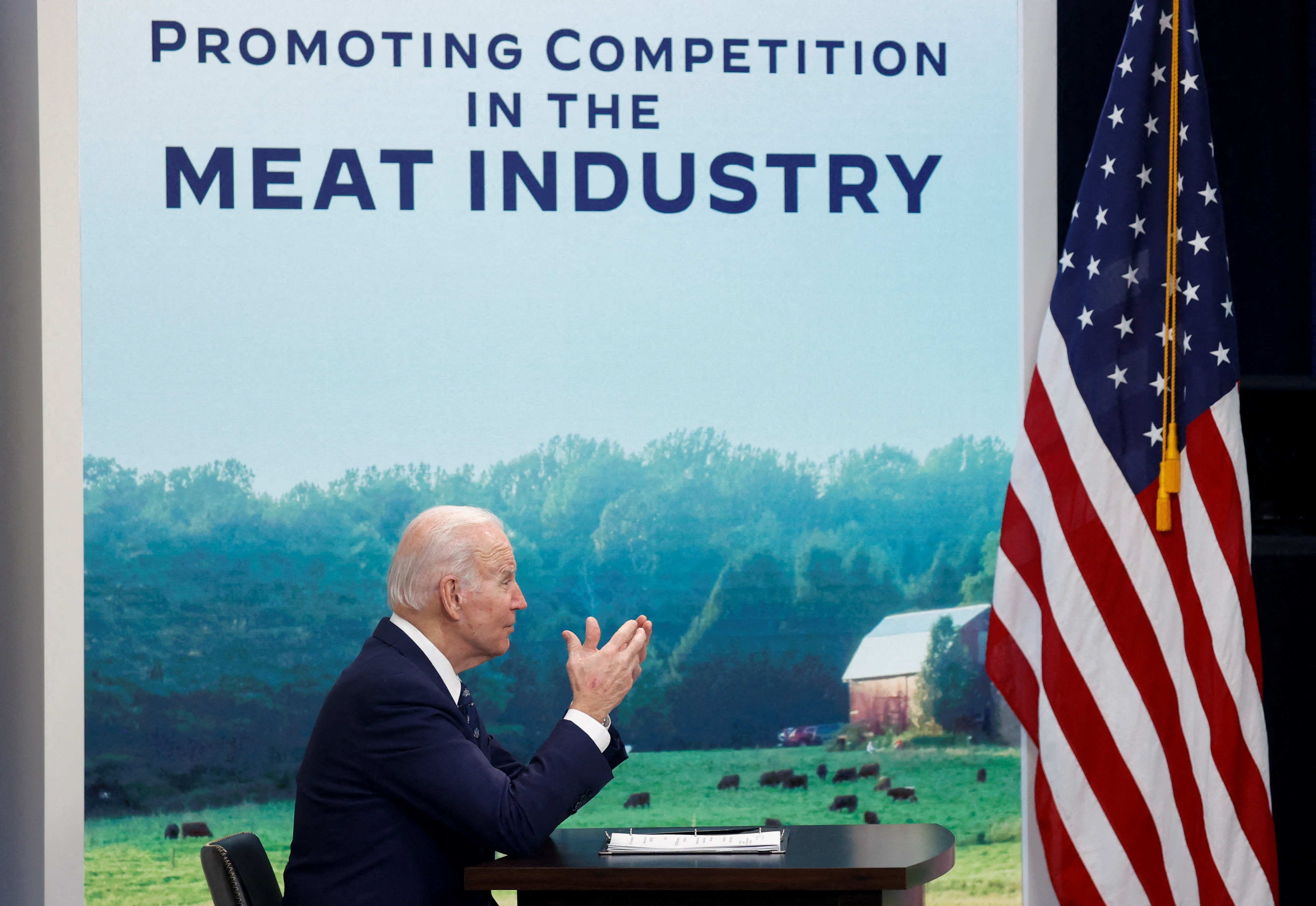 U.S. President Biden holds a video conference with farmers, ranchers and meat processors, in Washington