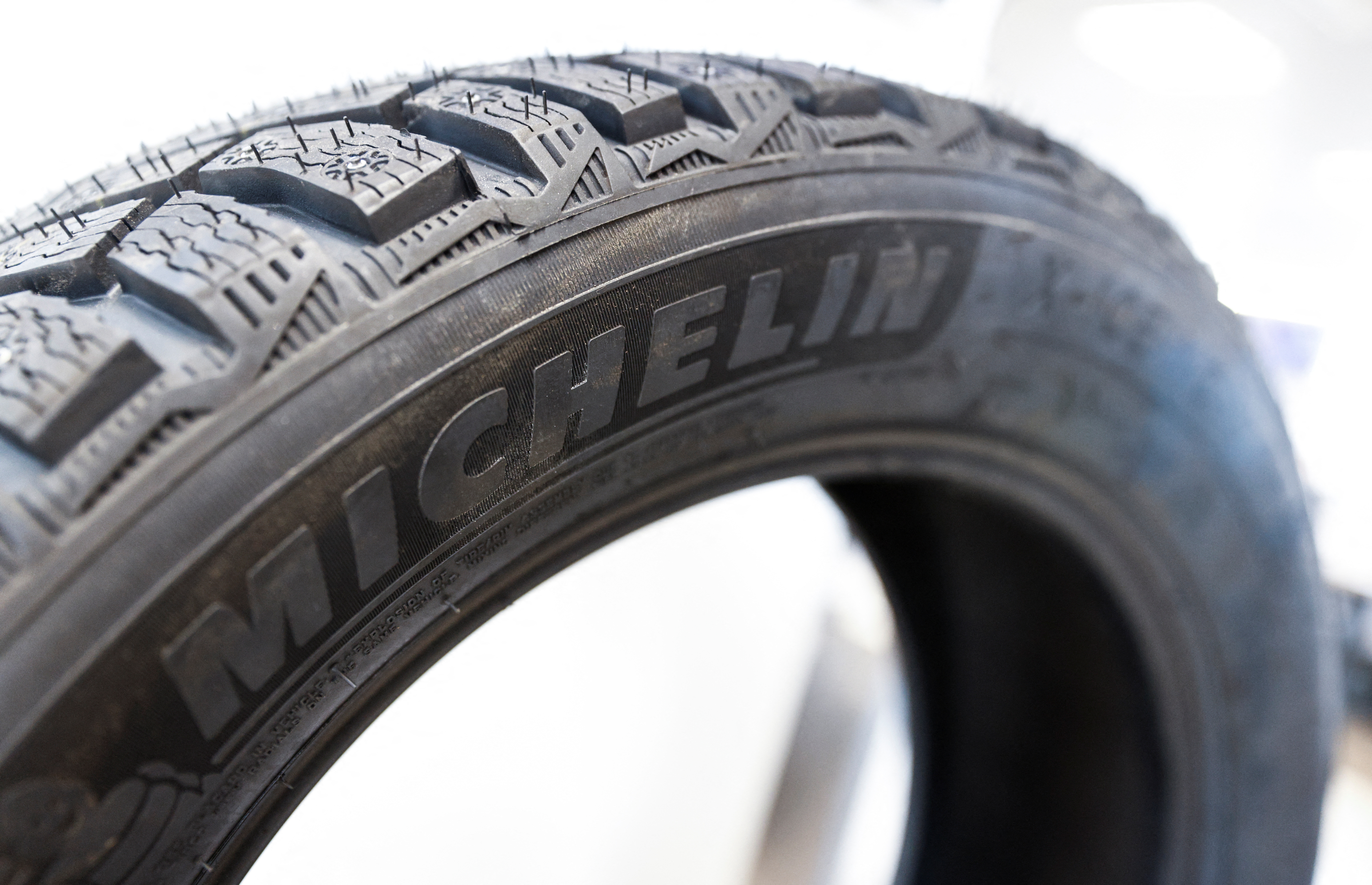 A tyre produced by the French company Michelin is on display at a dealership in Moscow