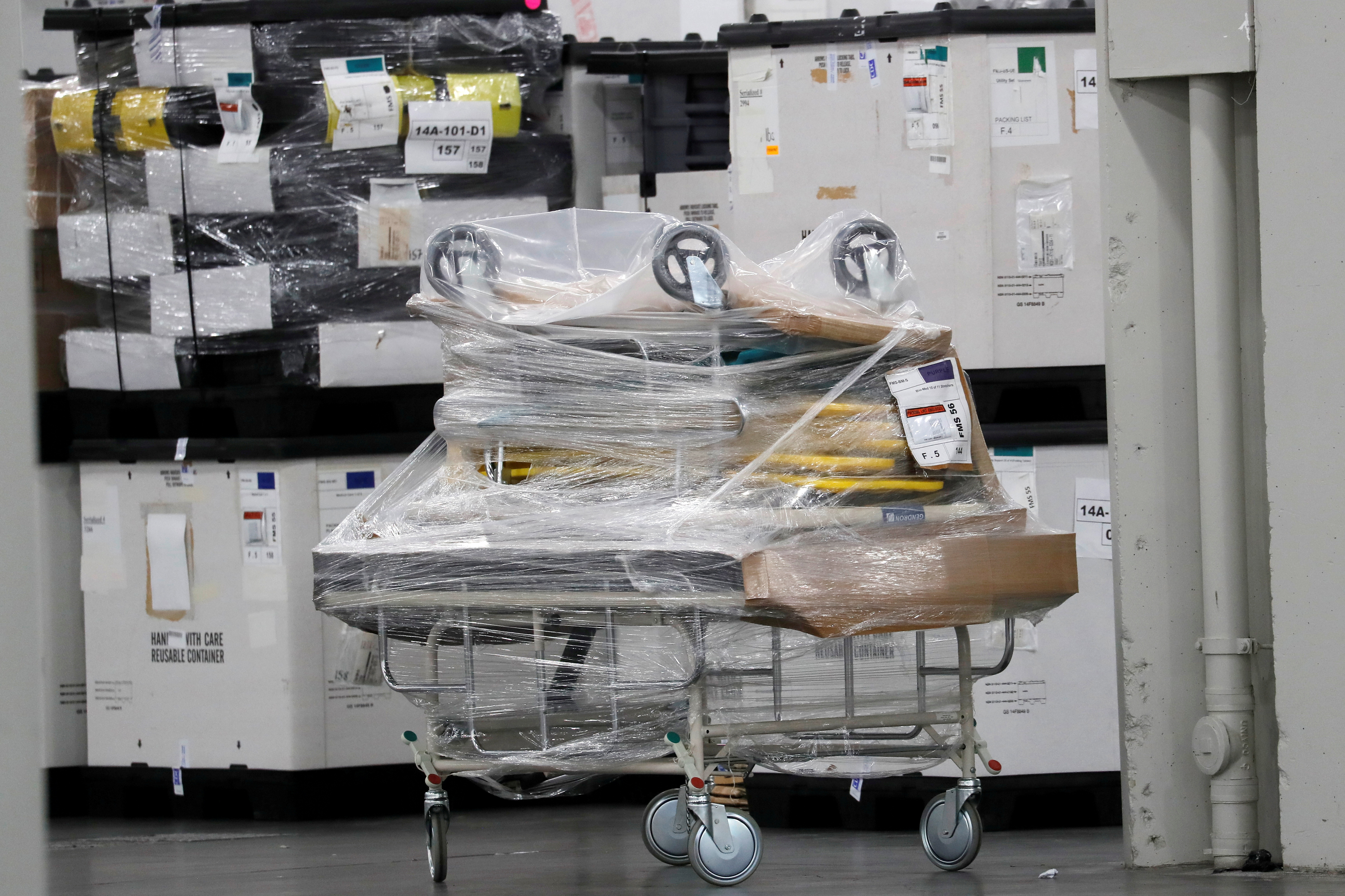 Medical equipment is seen stored inside the Jacob K. Javits Convention Center which will be partially converted into a temporary hospital during the outbreak of the coronavirus disease (COVID-19) in New York(COVID-19) in New York