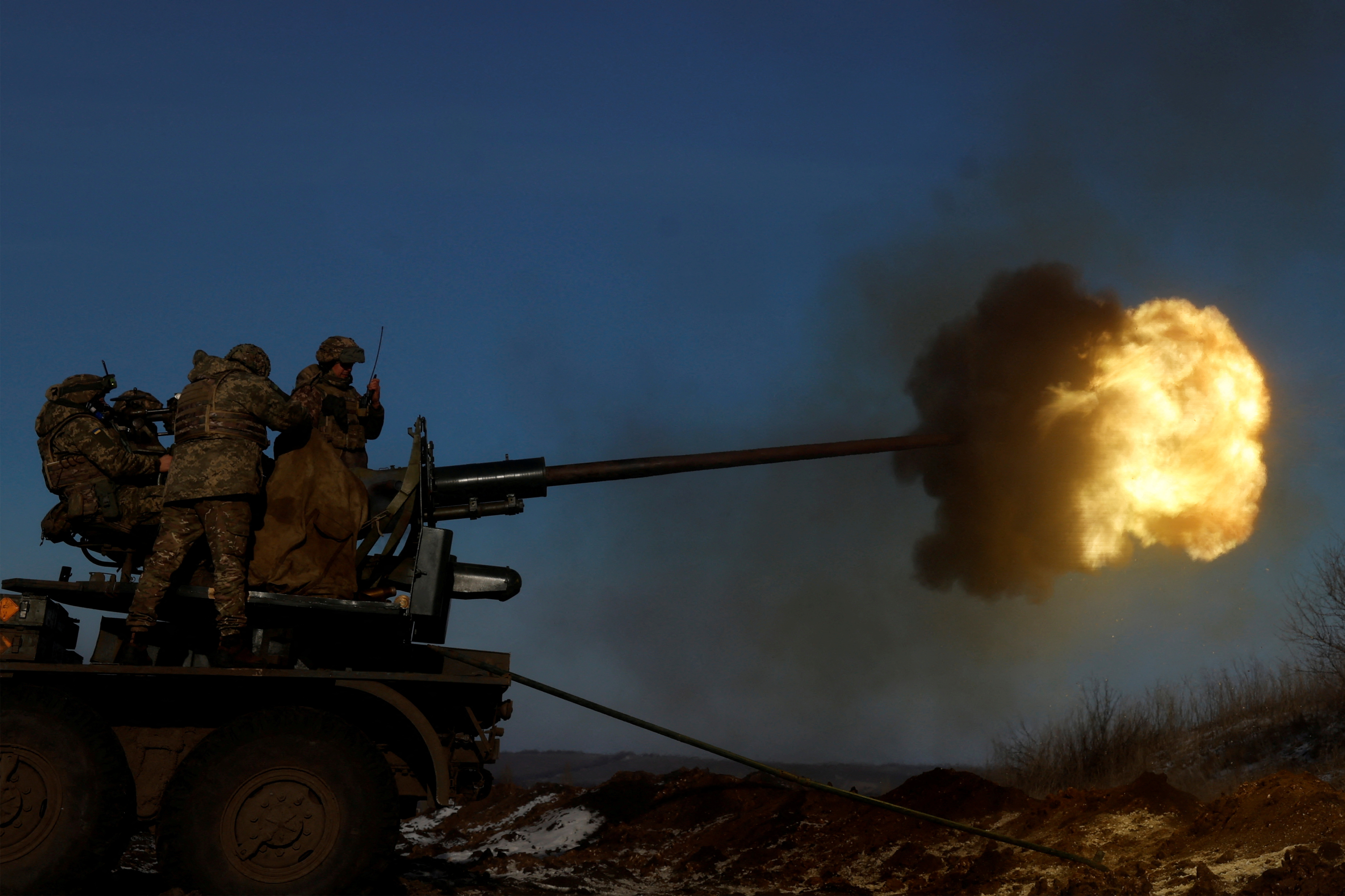 Ukrainian military fire an anti aircraft weapon, in Bakhmut