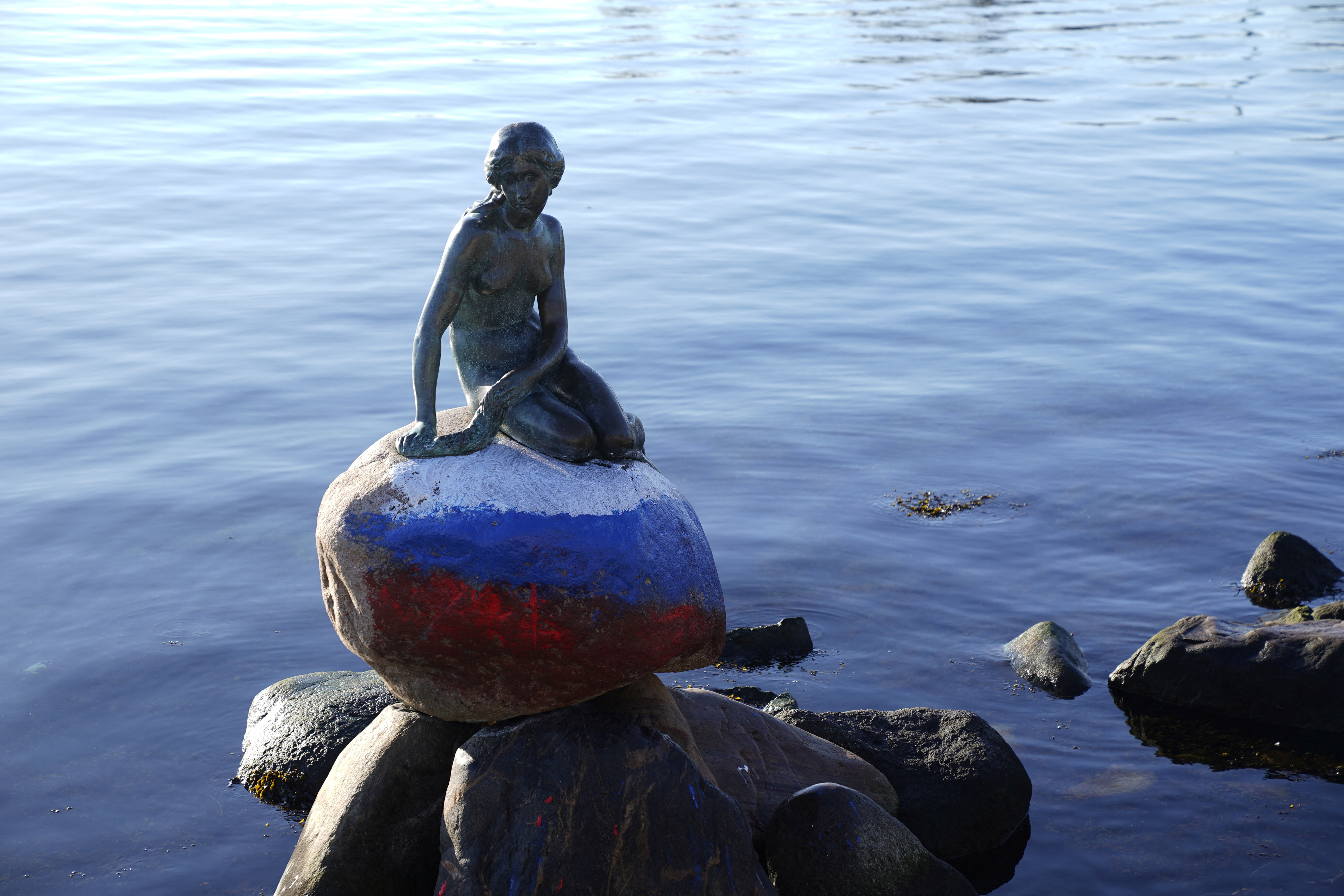 The Little Mermaid statue is seen with the Russian flag painted on it, in Copenhagen