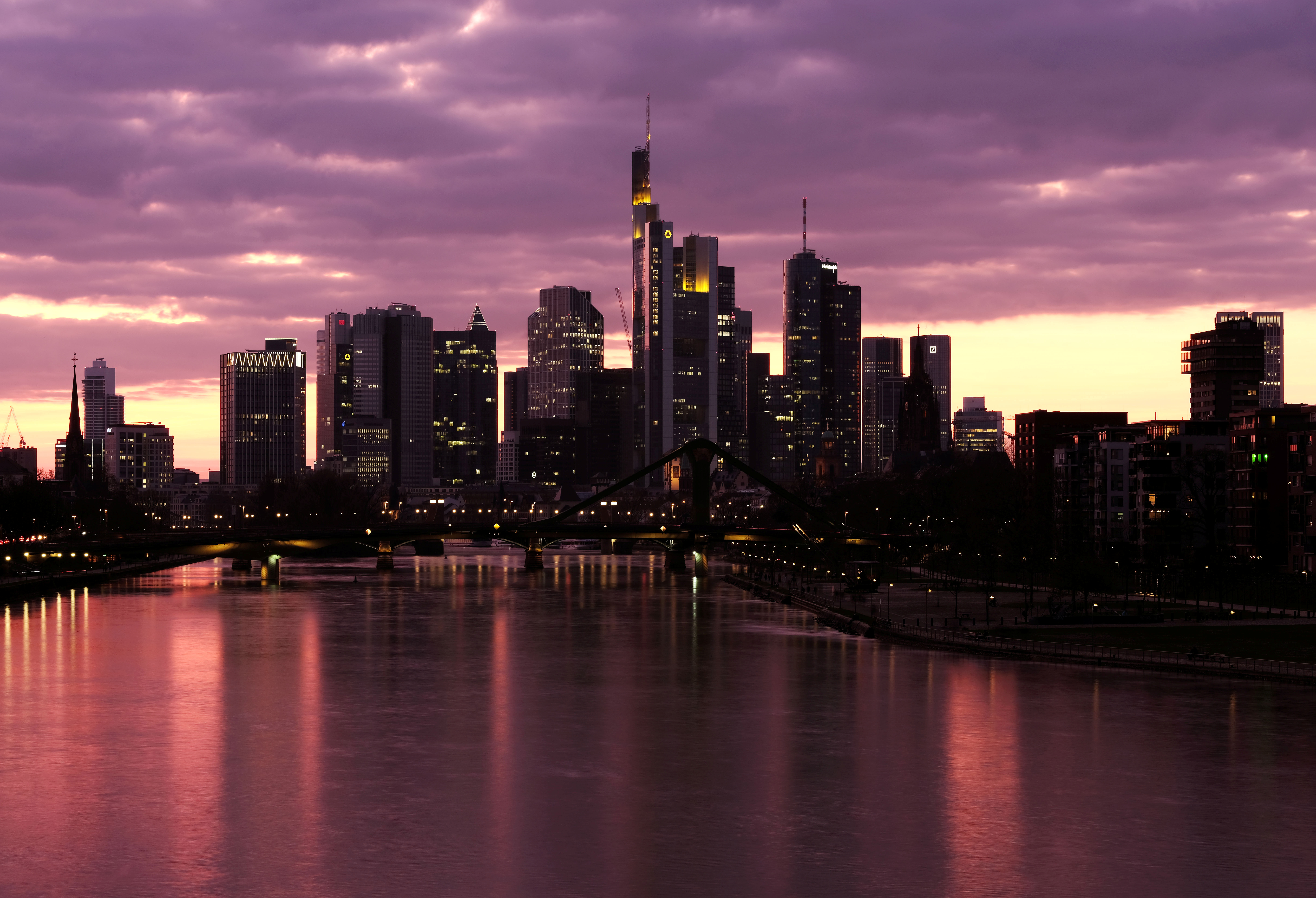 The skyline is pictured at the end of the first day under a partial lock down of the city by authorities due to the spread of the coronavirus disease (COVID-19) in Frankfurt