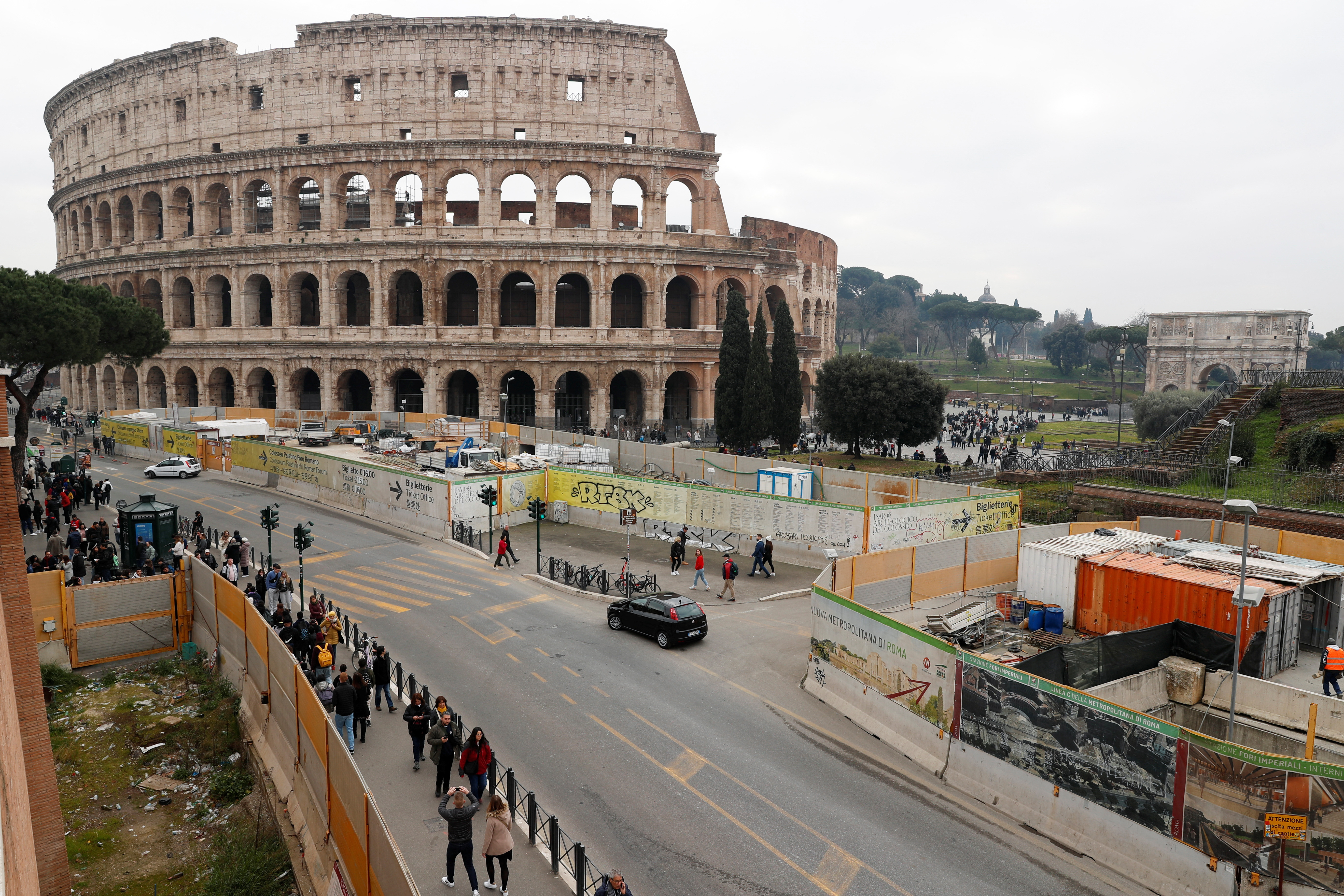 General view of the Colosseum next to a subway's construction sites in Rome