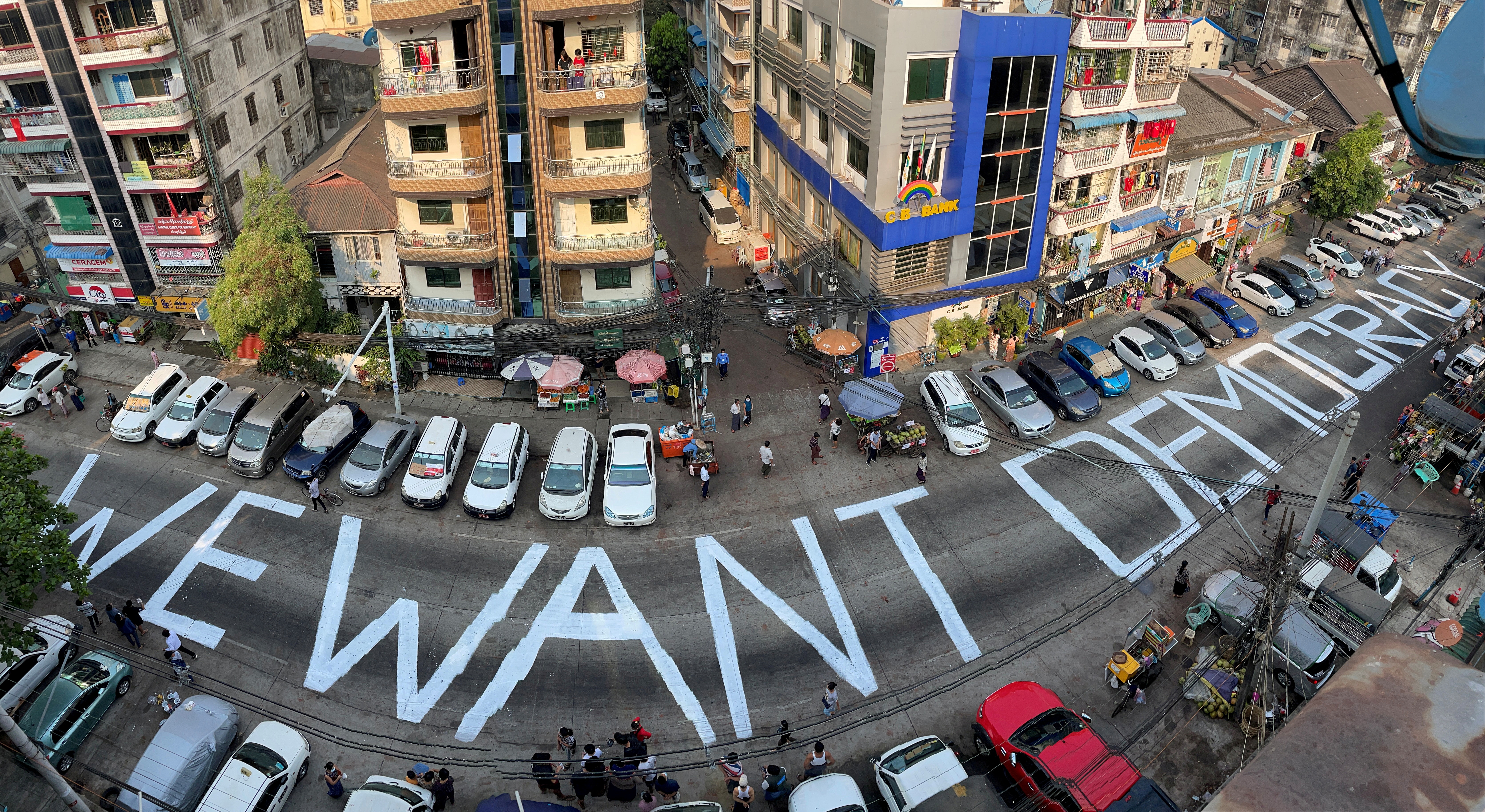 A slogan is written on a street as a protest after the coup in Yangon