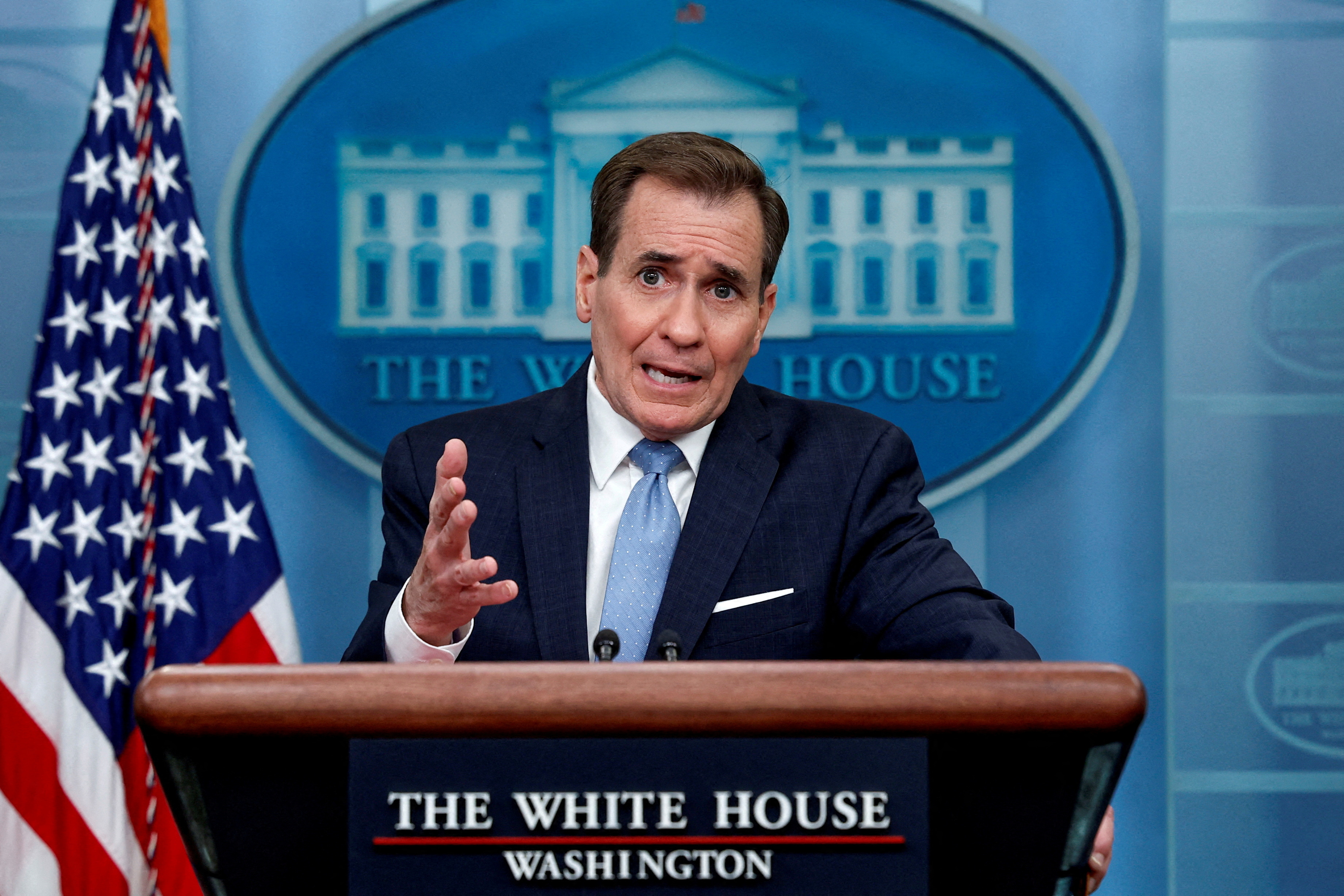 John Kirby, NSC Coordinator for Strategic Communications, speaks during the daily press briefing at the White House in Washington