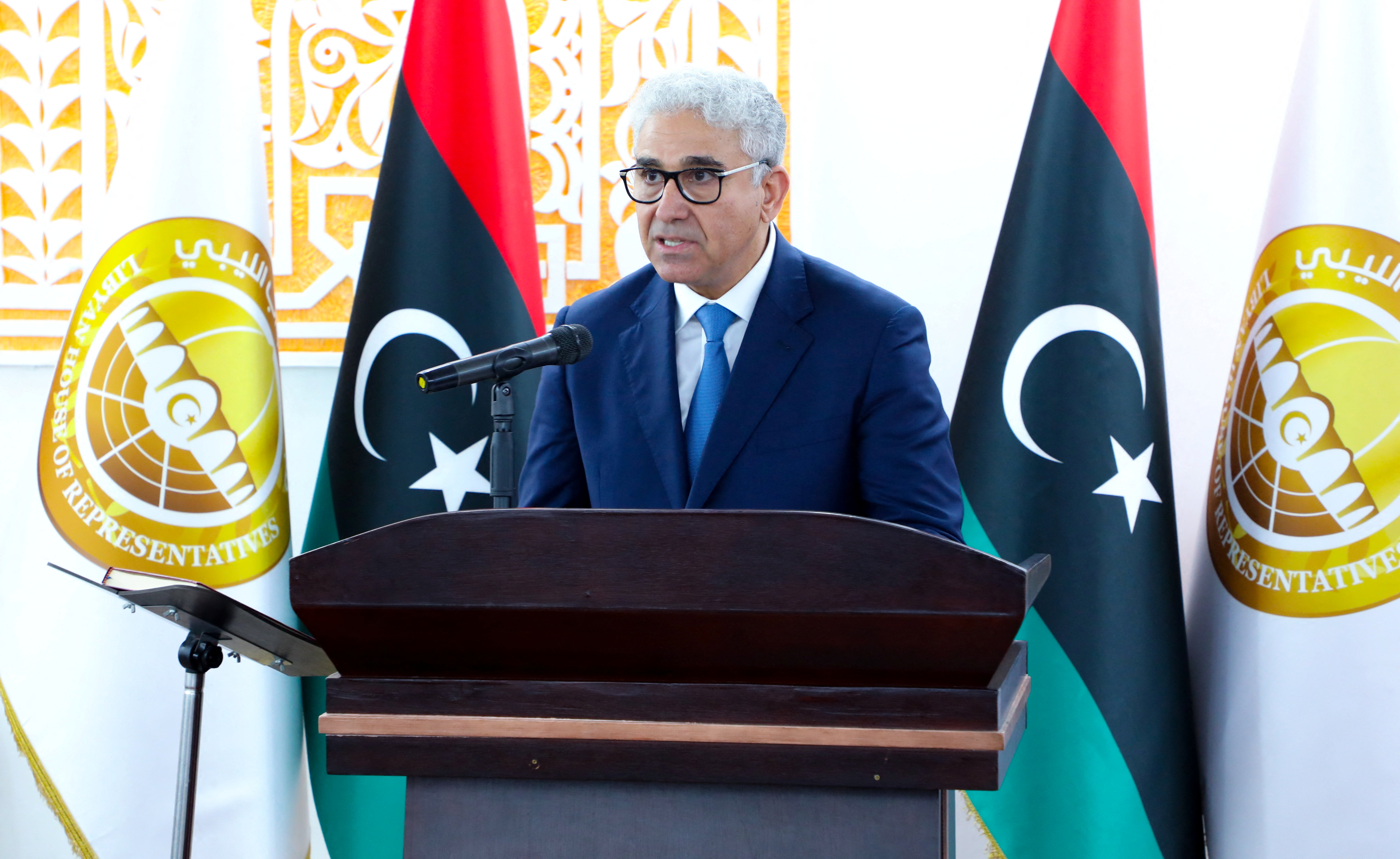Fathi Bashagha, newly appointed as Libyan prime minister by the parliament, takes the oath in Tobruk