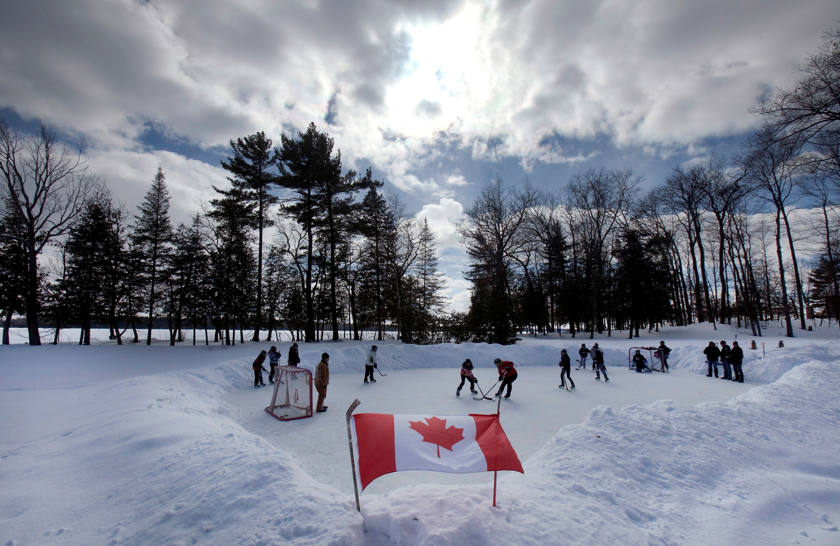 Youths play pond hockey on Pigeon Lake near the town of Bobcaygeon