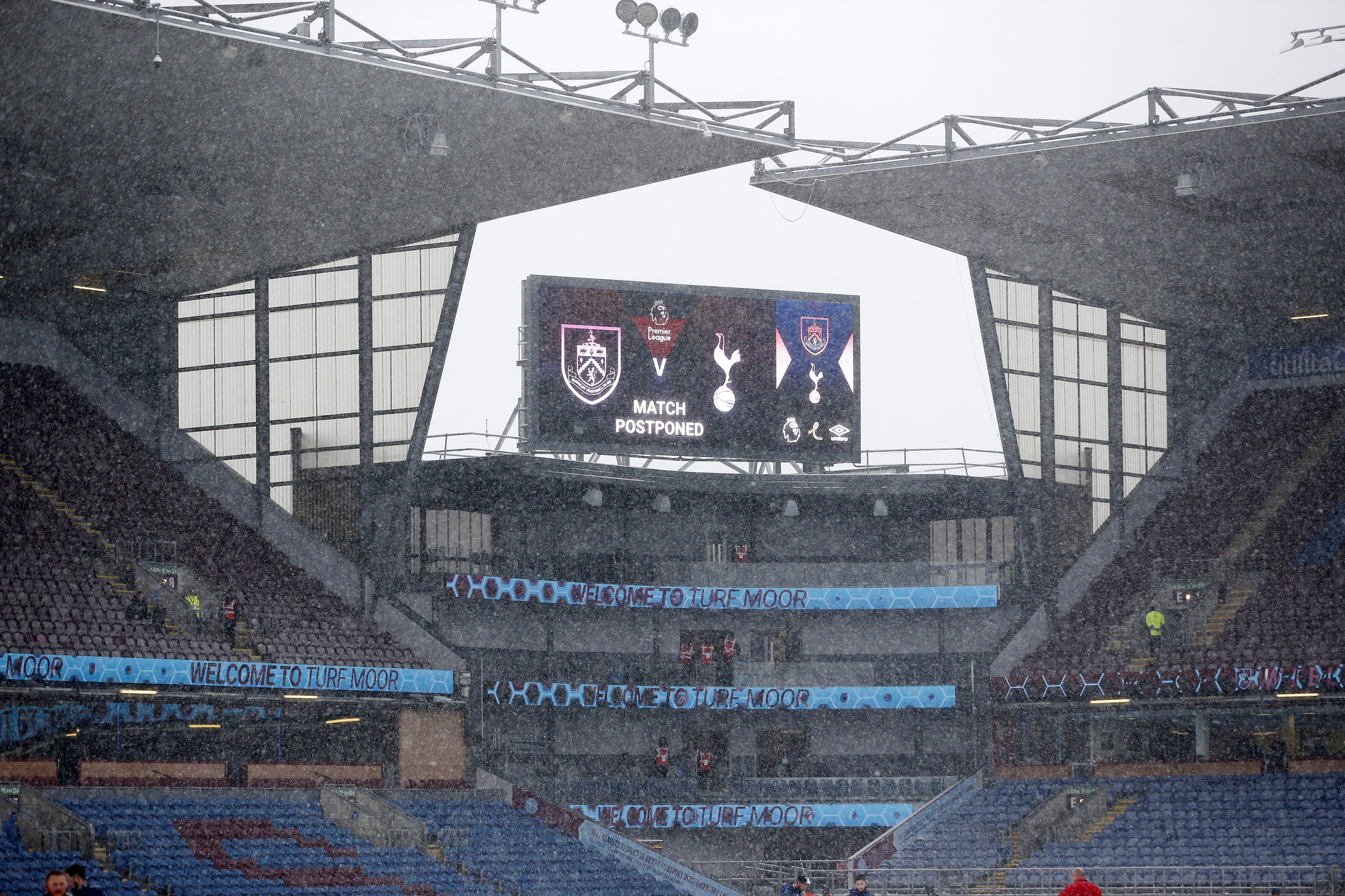 Soccer Football - Premier League - Burnley v Tottenham Hotspur - Turf Moor, Burnley, Britain - November 28, 2021 General view of the large screen inside the stadium as the match is postponed due to bad weather conditions REUTERS/Craig Brough  
