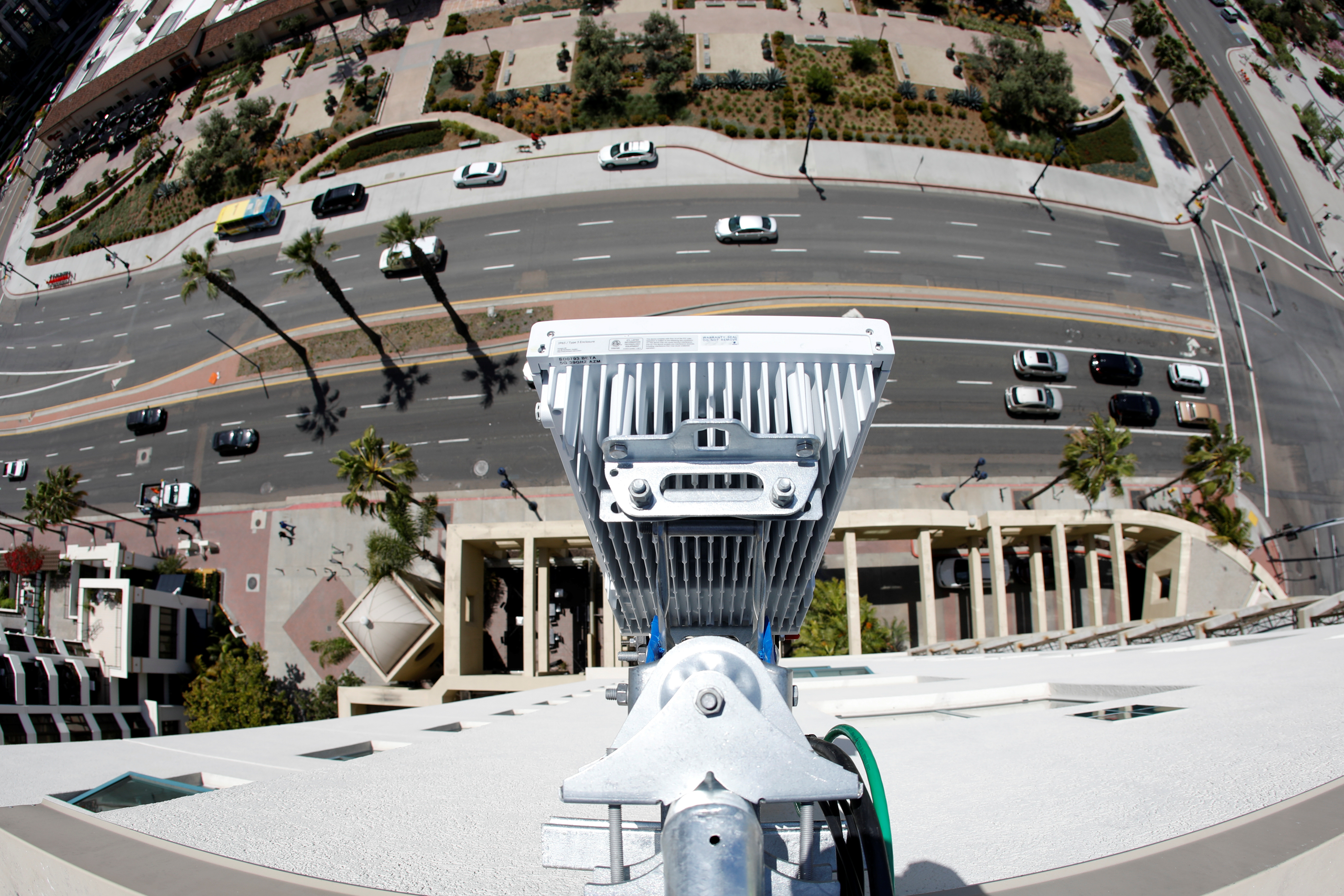 An antenna system for AT&T's 5G wireless network is shown atop a building in downtown San Diego