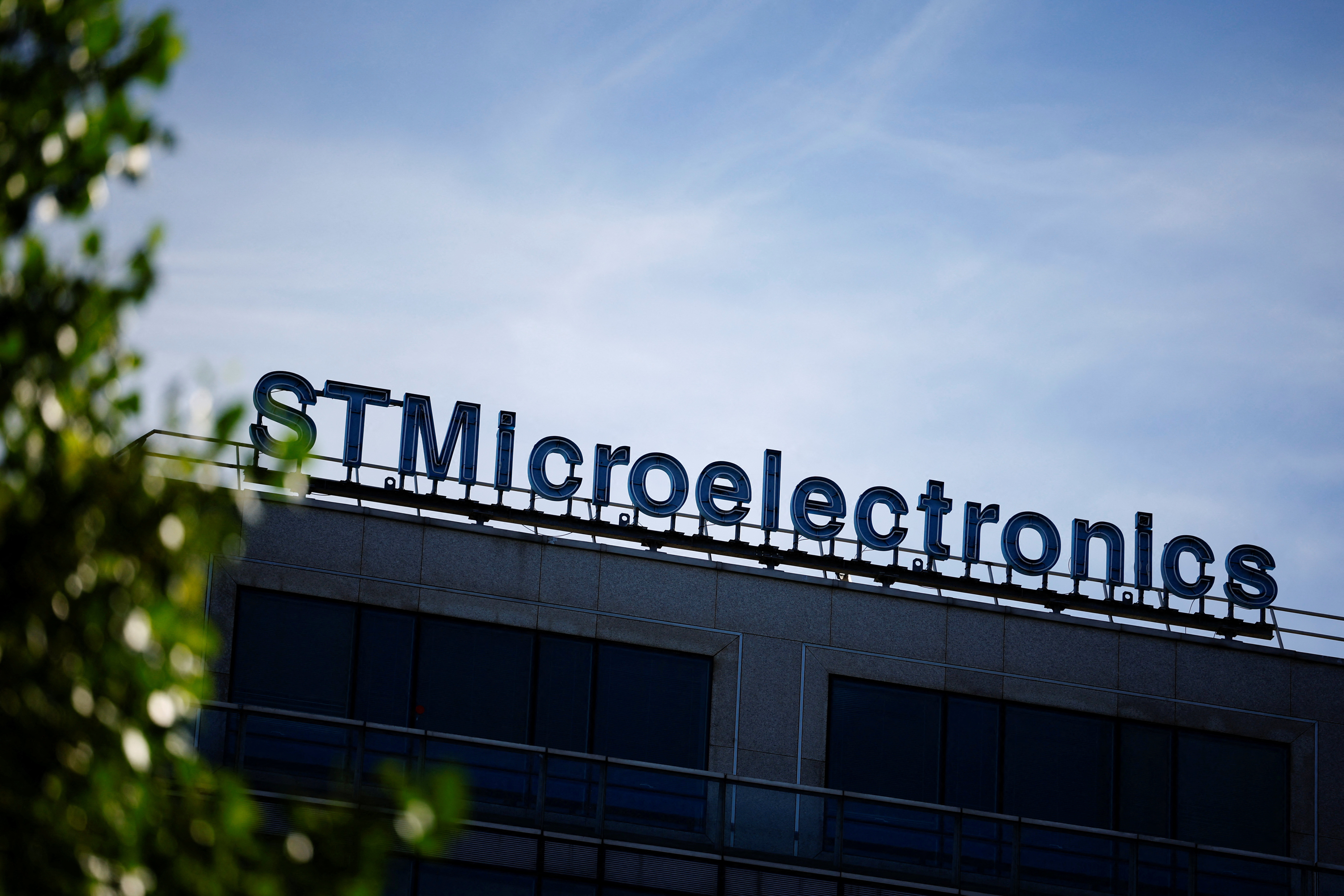 The logo of STMIcroelectronics is seen outside a company building in Montrouge