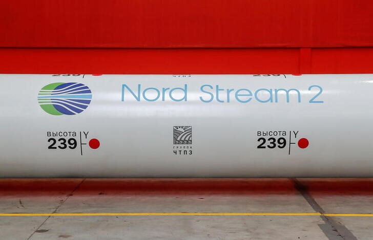 The logo of the Nord Stream 2 gas pipeline project is seen on a large diameter pipe at Chelyabinsk Pipe Rolling Plant owned by ChelPipe Group in Chelyabinsk, Russia February 26, 2020.  REUTERS/Maxim Shemetov