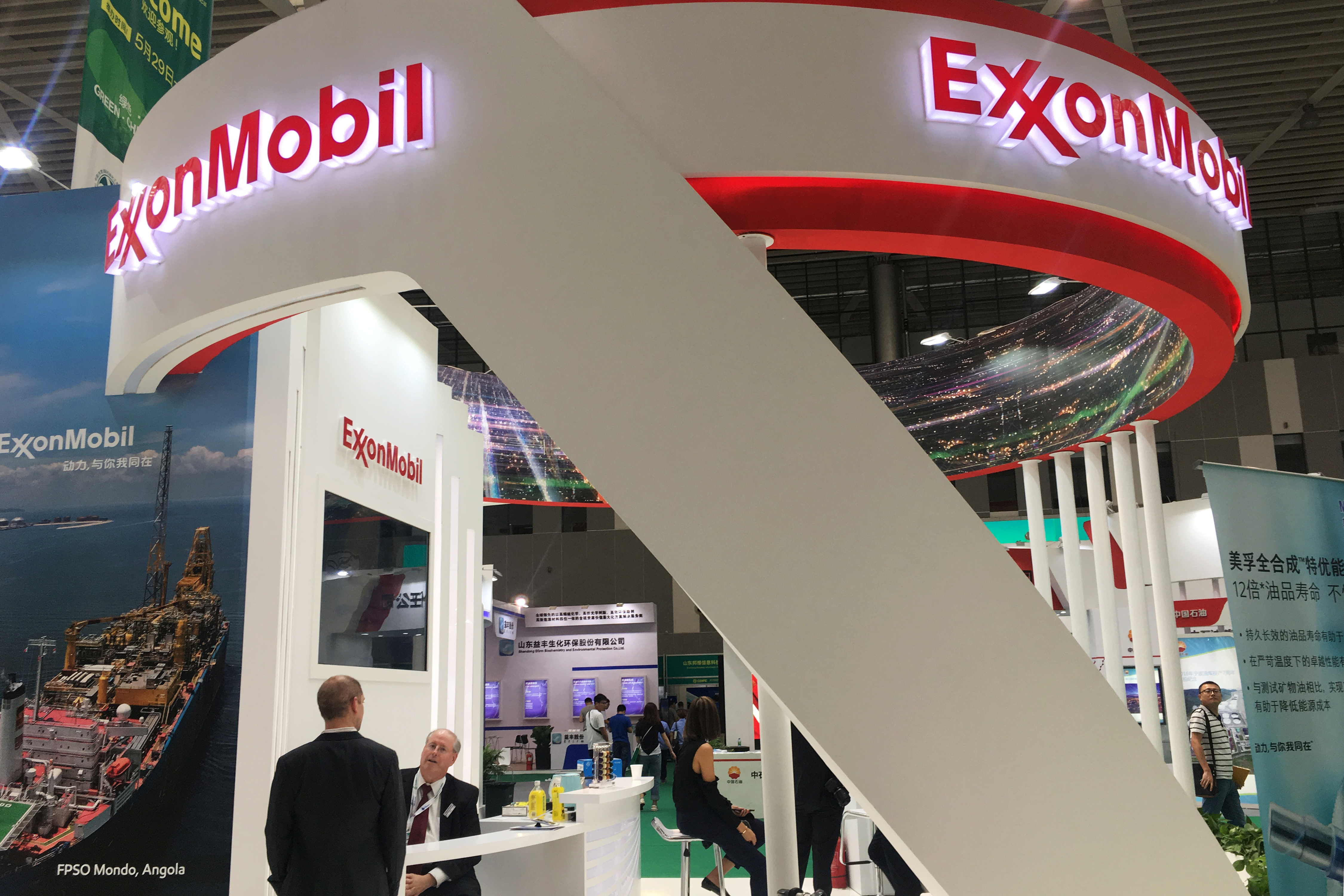 Booth of U.S. major ExxonMobil is seen at the China (Dongying) International Petrochemical Trade Exhibition in Dongying