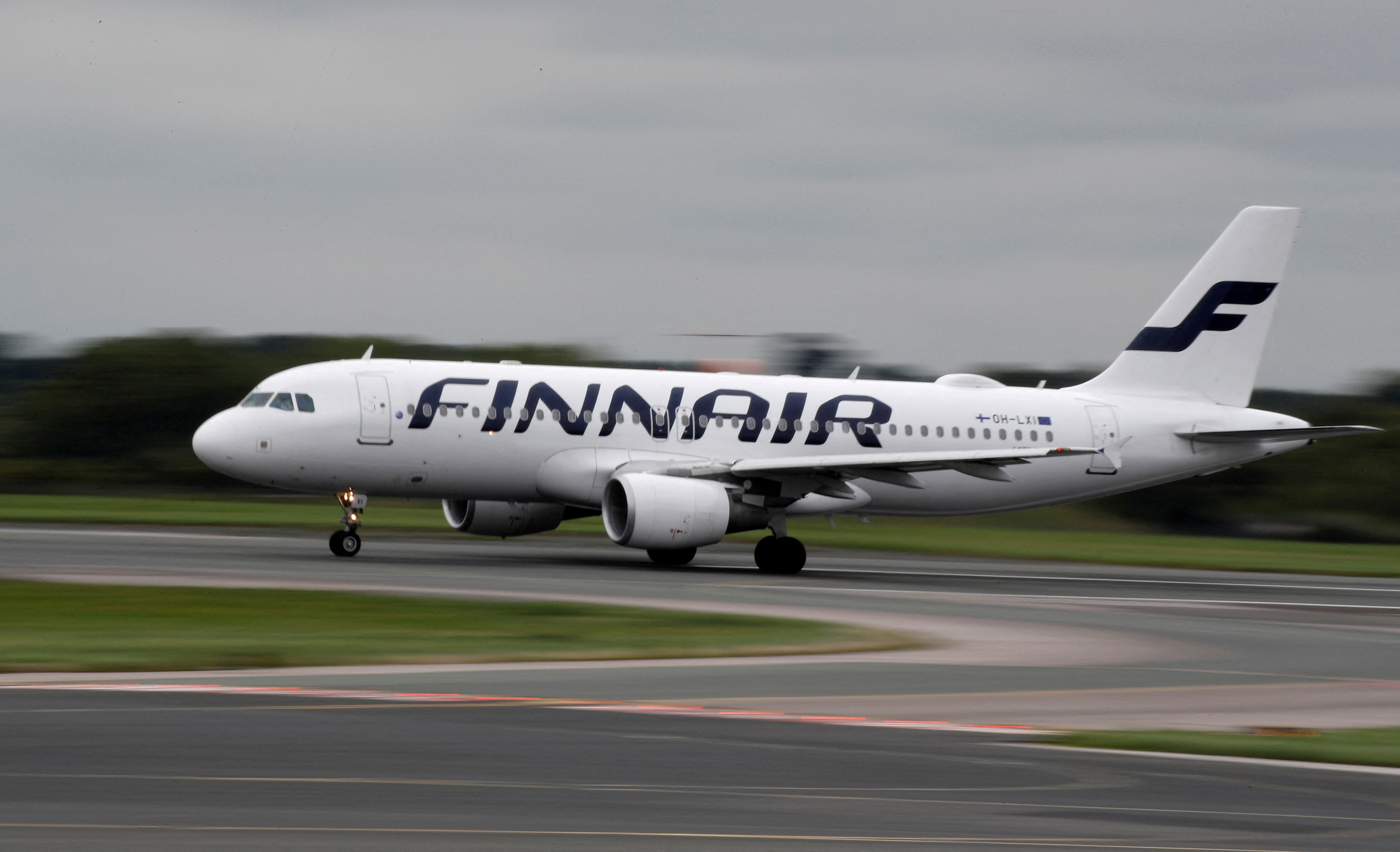 A Finnair Airbus A320 aircraft prepares to take off from Manchester Airport in Manchester