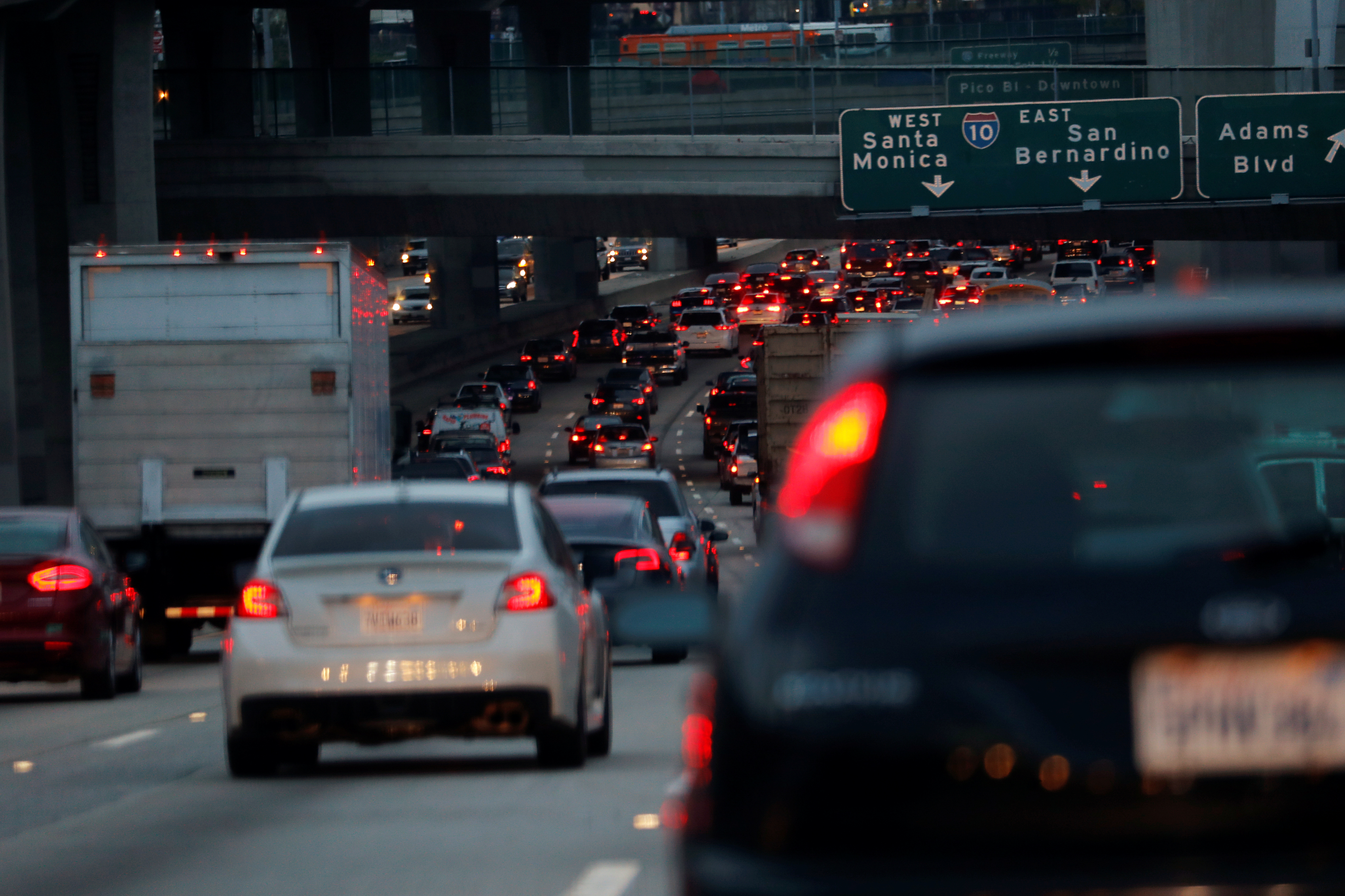 Morning commuters travel in rush hour traffic towards Los Angeles, California
