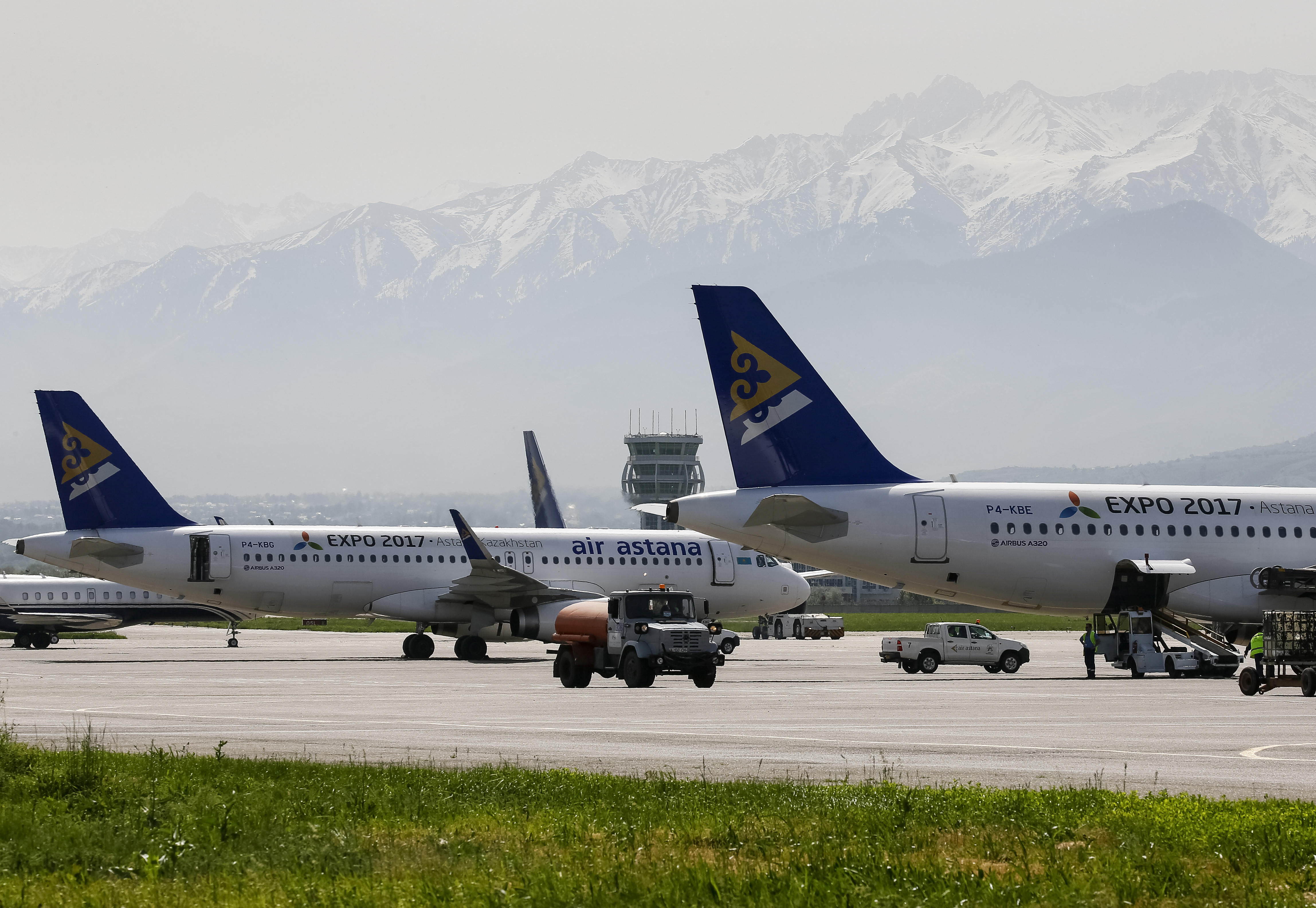 Air Astana planes are seen on the tarmac of Almaty International Airport, Kazakhstan