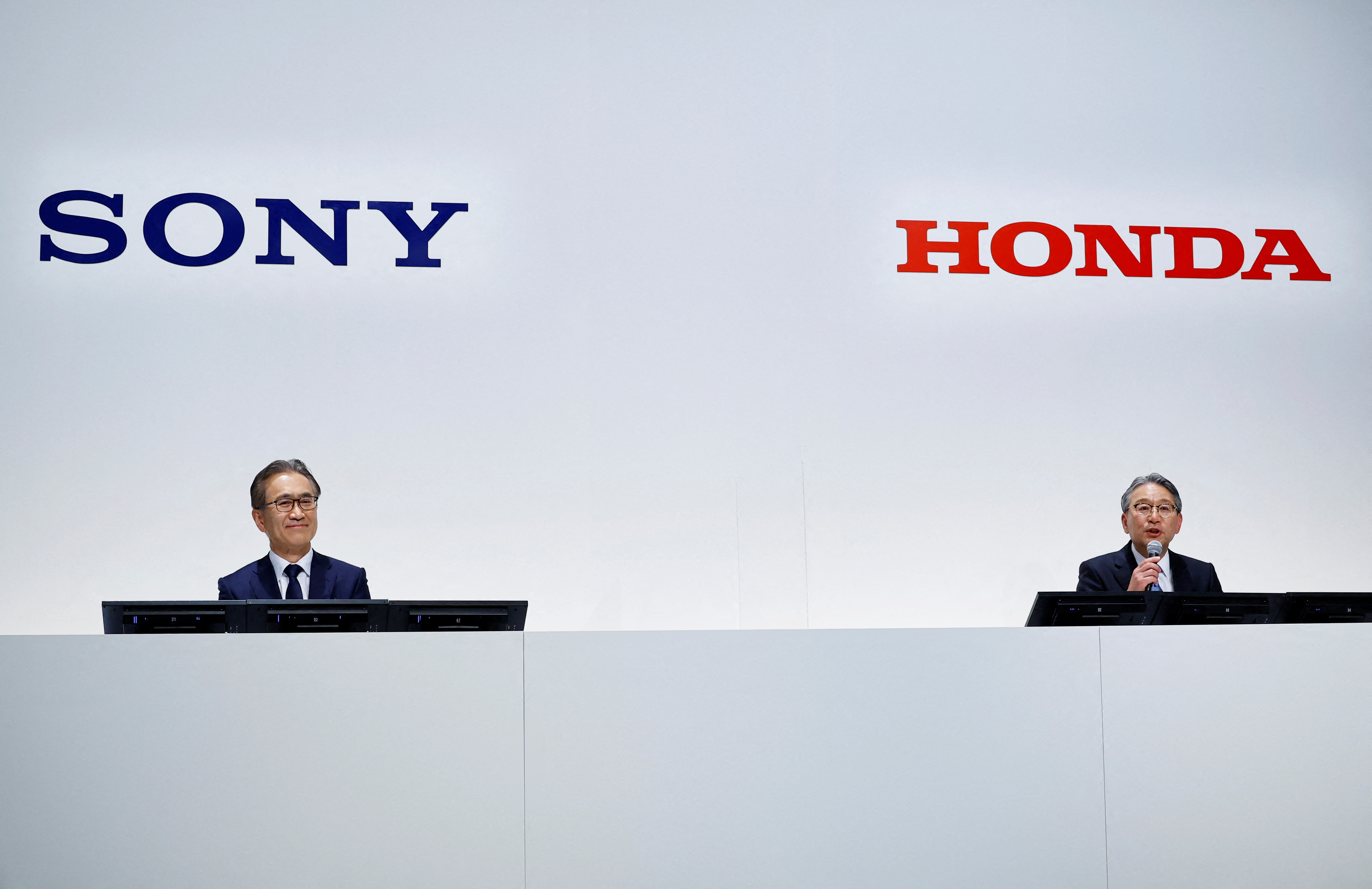 Sony Corp's Chief Executive Kenichiro Yoshida and Honda Motor's Toshihiro Mibe attend a joint news conference at Sony's headquarters in Tokyo