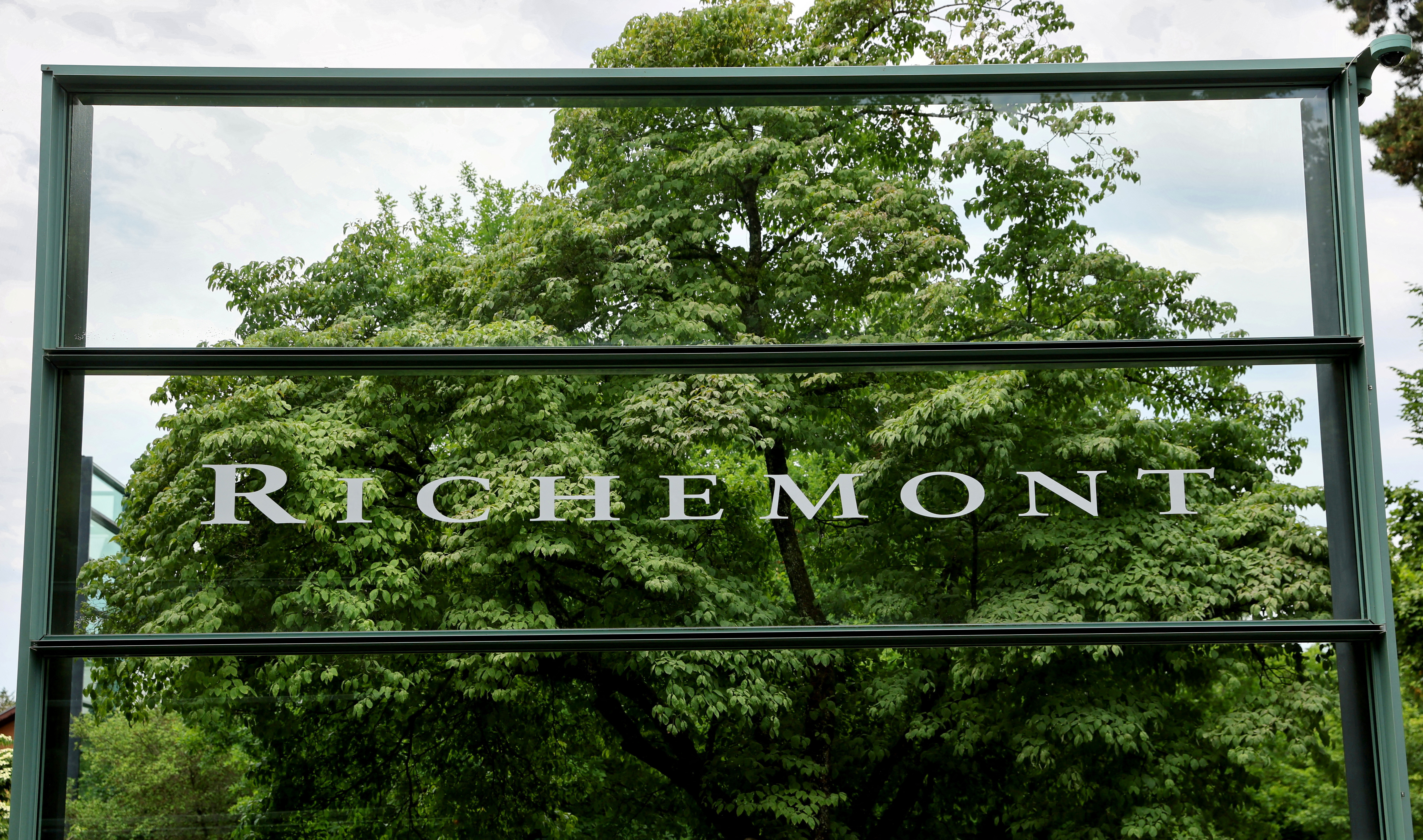 The logo of luxury goods company Richemont seen at its headquarters in Bellevue near Geneva