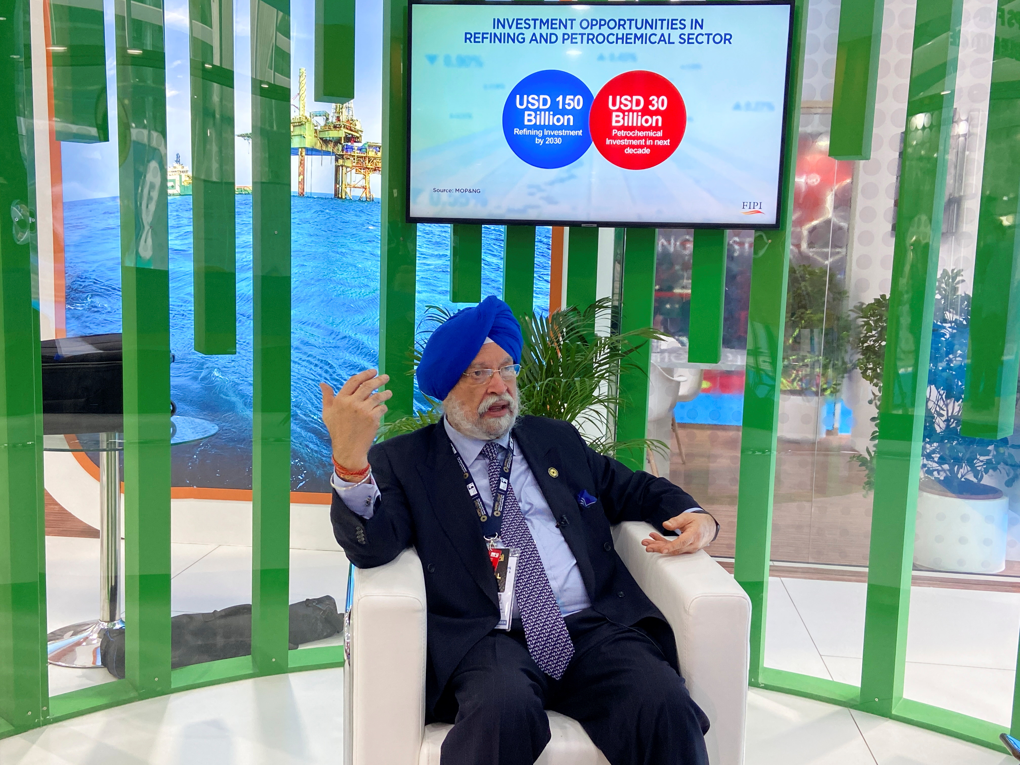 India's Minister of Petroleum and Natural Gas Hardeep Singh Puri speaks during an interview with Reuters in Abu Dhabi