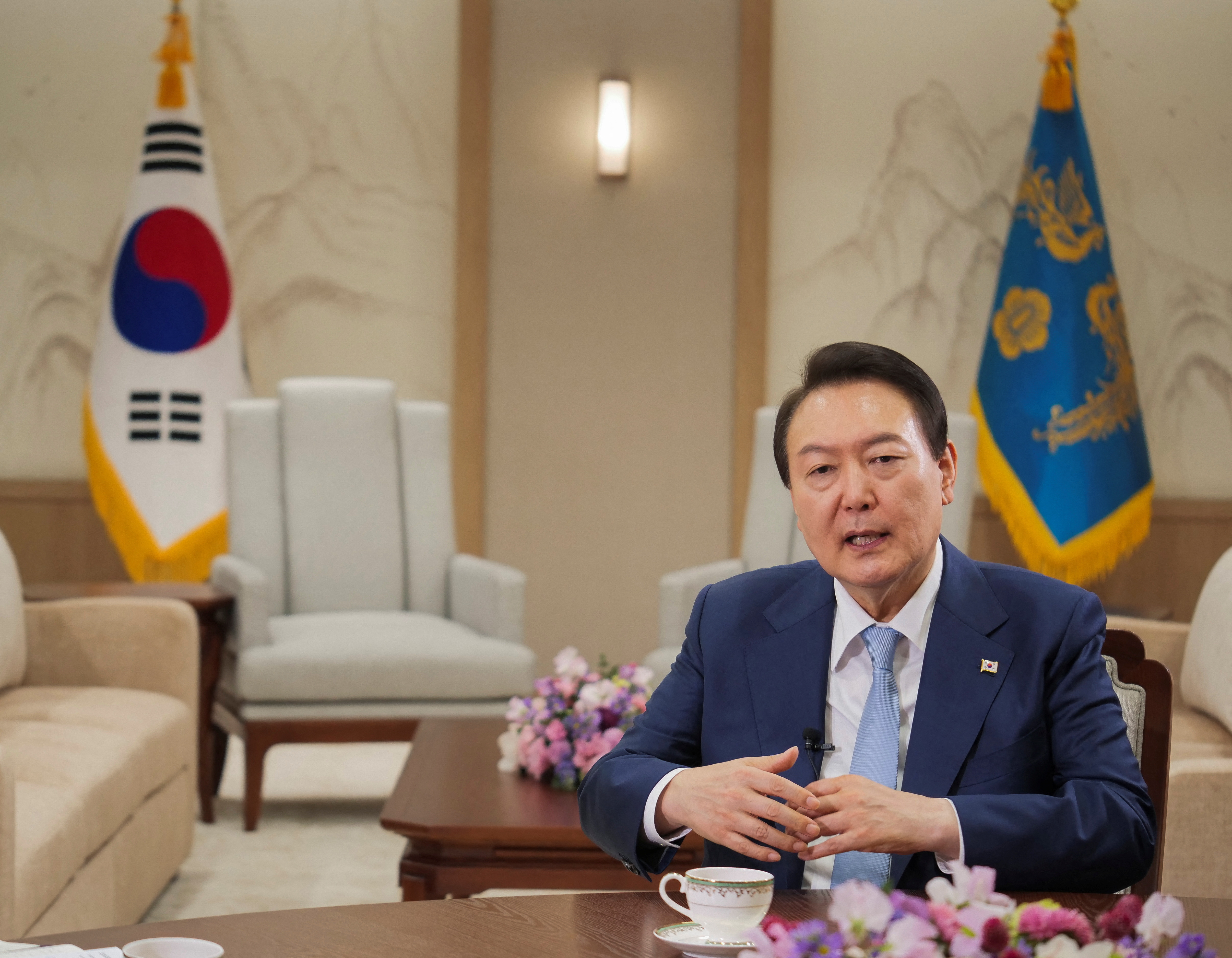 South Korean President Yun Suk-yeol attends an interview with Reuters in Seoul