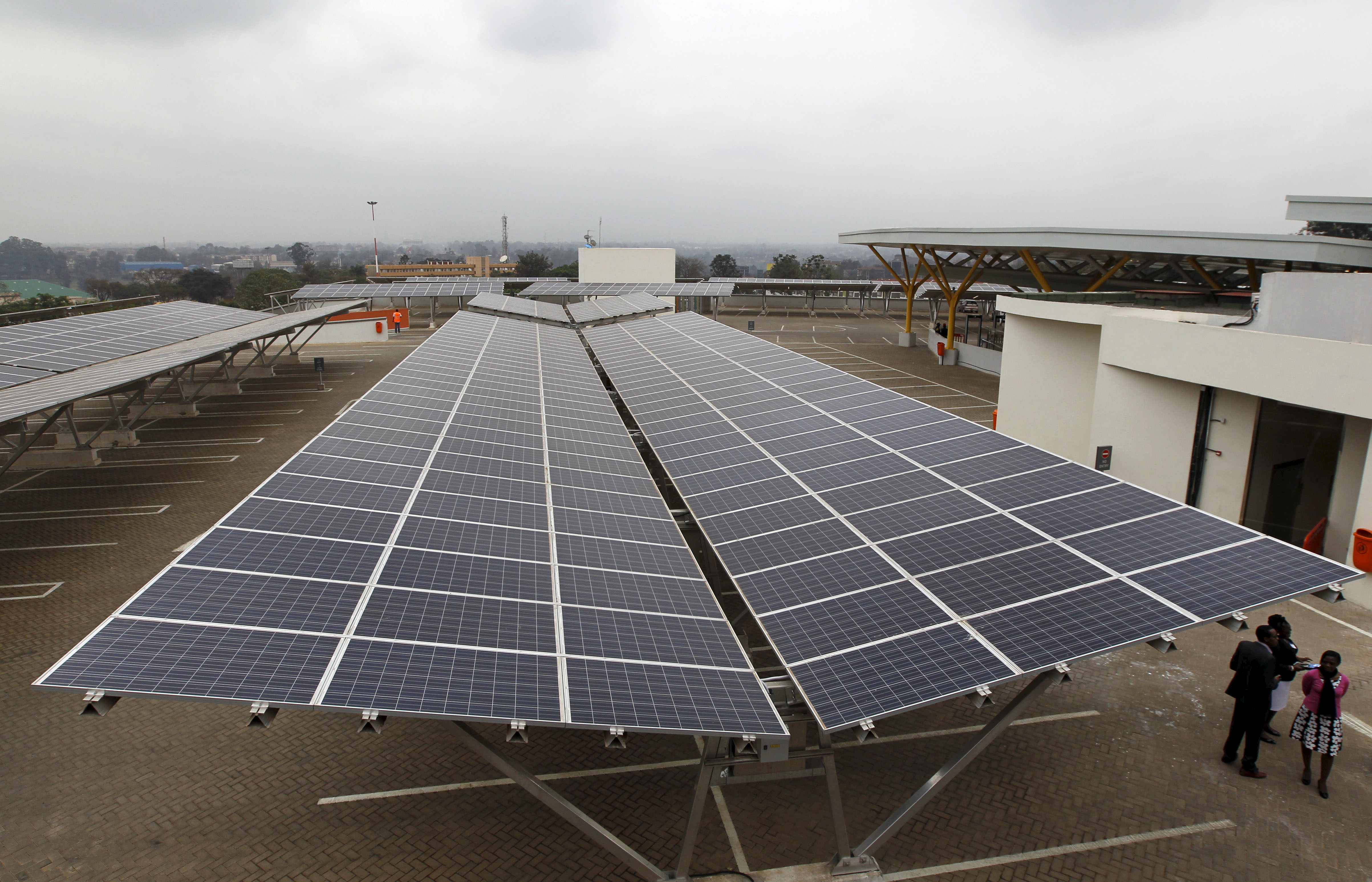 Solar panels are pictured at a solar carport at the Garden City shopping mall in Kenya's capital Nairobi